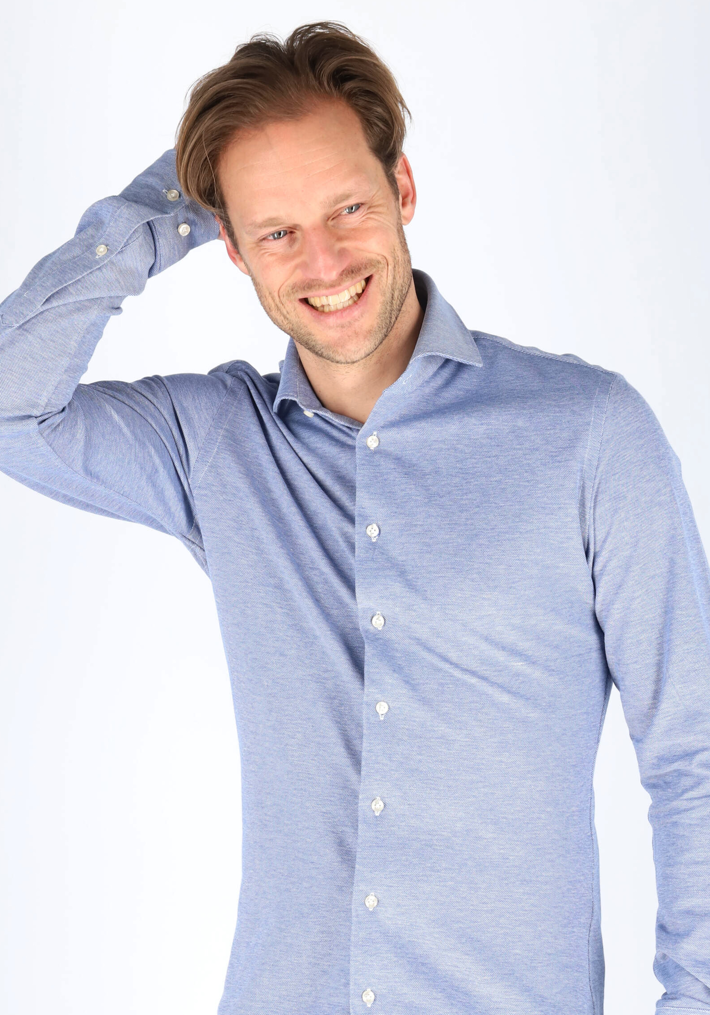 Profuomo slim fit jersey overhemd, knitted shirt pique, blauw melange