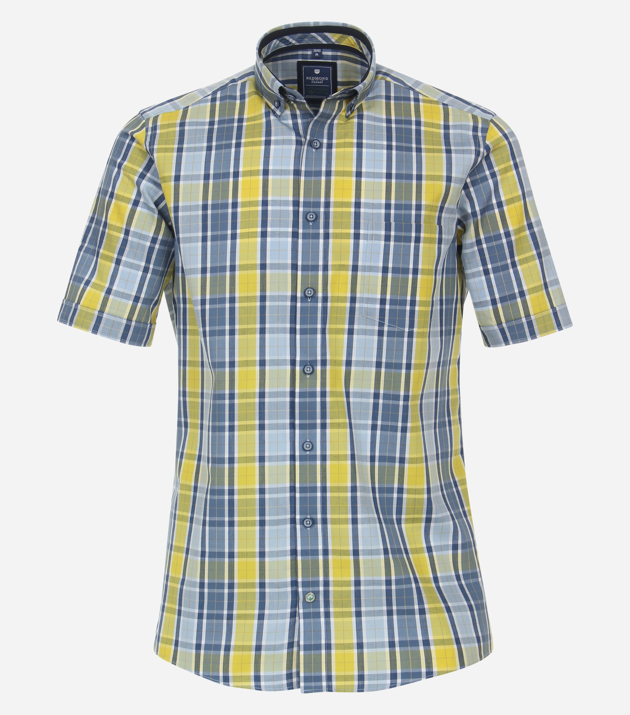 Redmond comfort fit overhemd korte mouw popeline blauw geruit