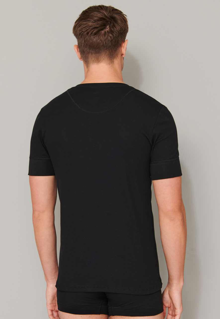 SCHIESSER Retro Rib T-shirt (1-pack), heren shirt korte mouwen dubbelrib biologisch katoen knoopsluiting zwart