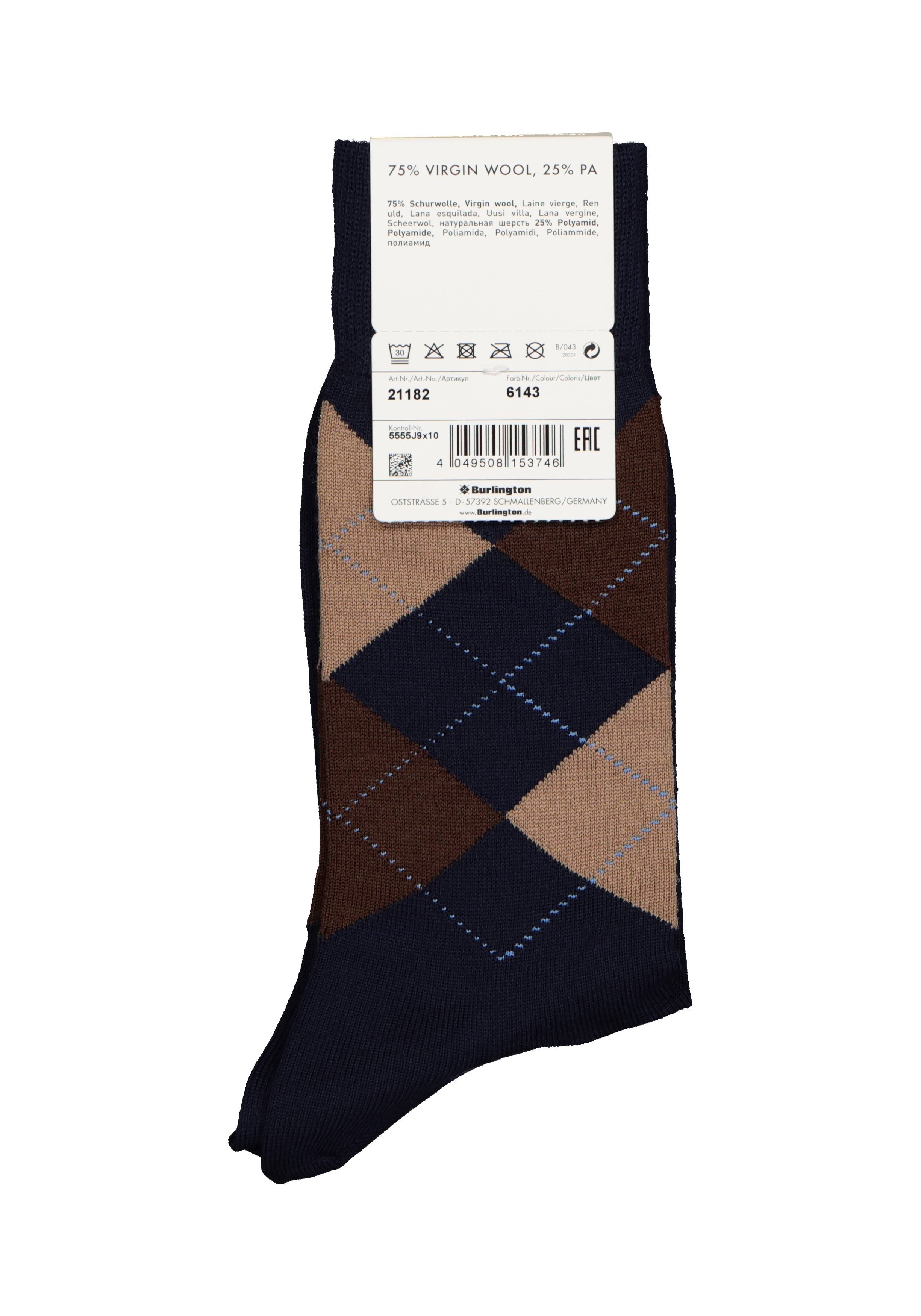 Burlington Edinburgh herensokken, wol, blauw met bruin