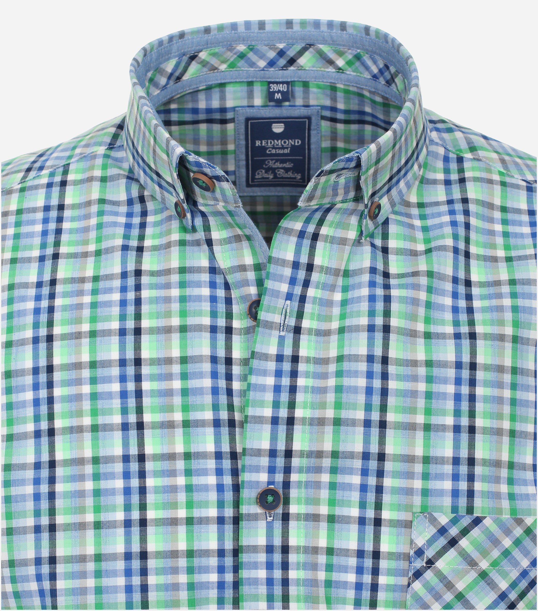 Redmond modern fit overhemd, korte mouw, popeline, groen geruit