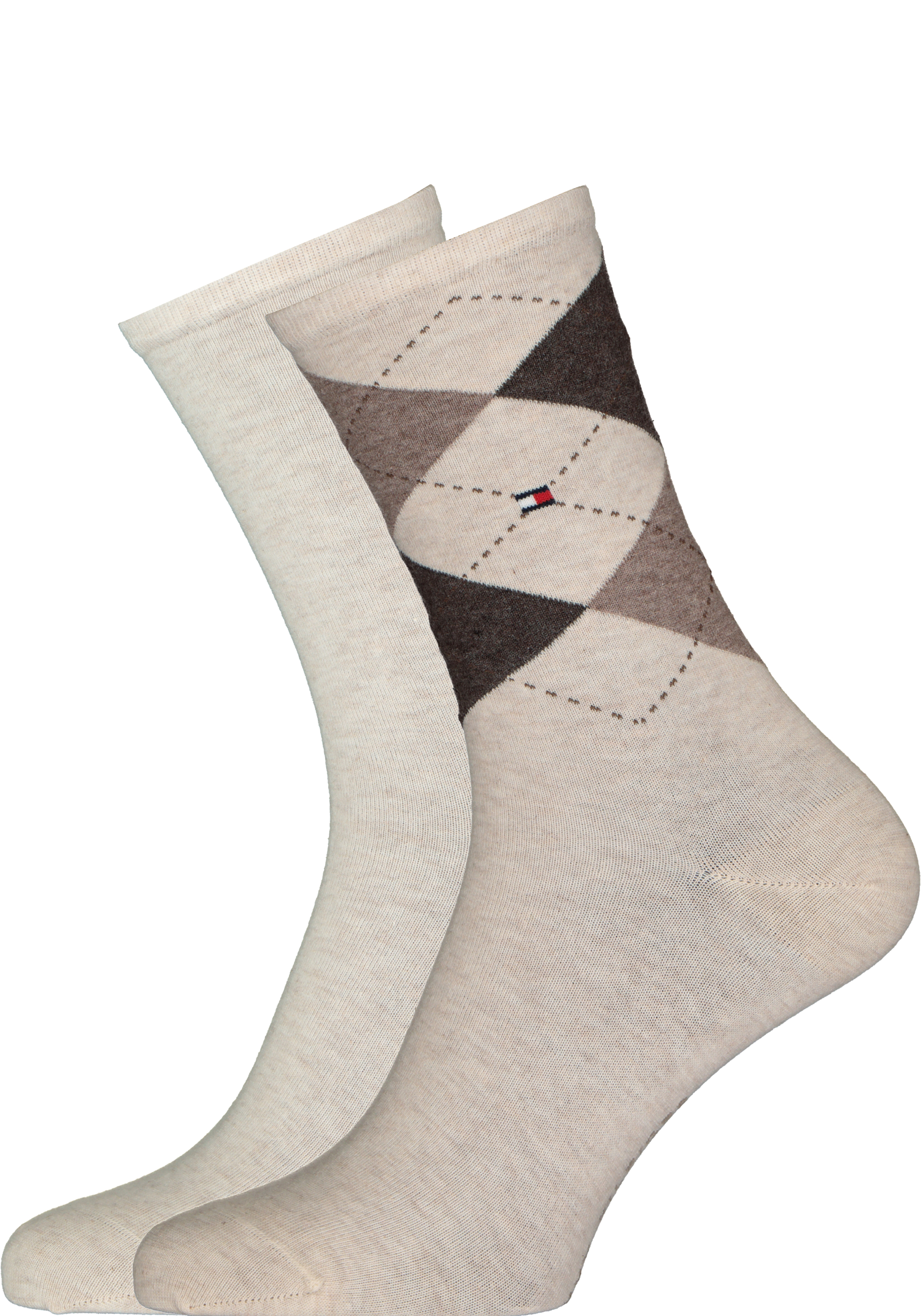 Tommy Hilfiger damessokken Check (2-pack), uni en geruit katoen, licht beige melange met bruin
