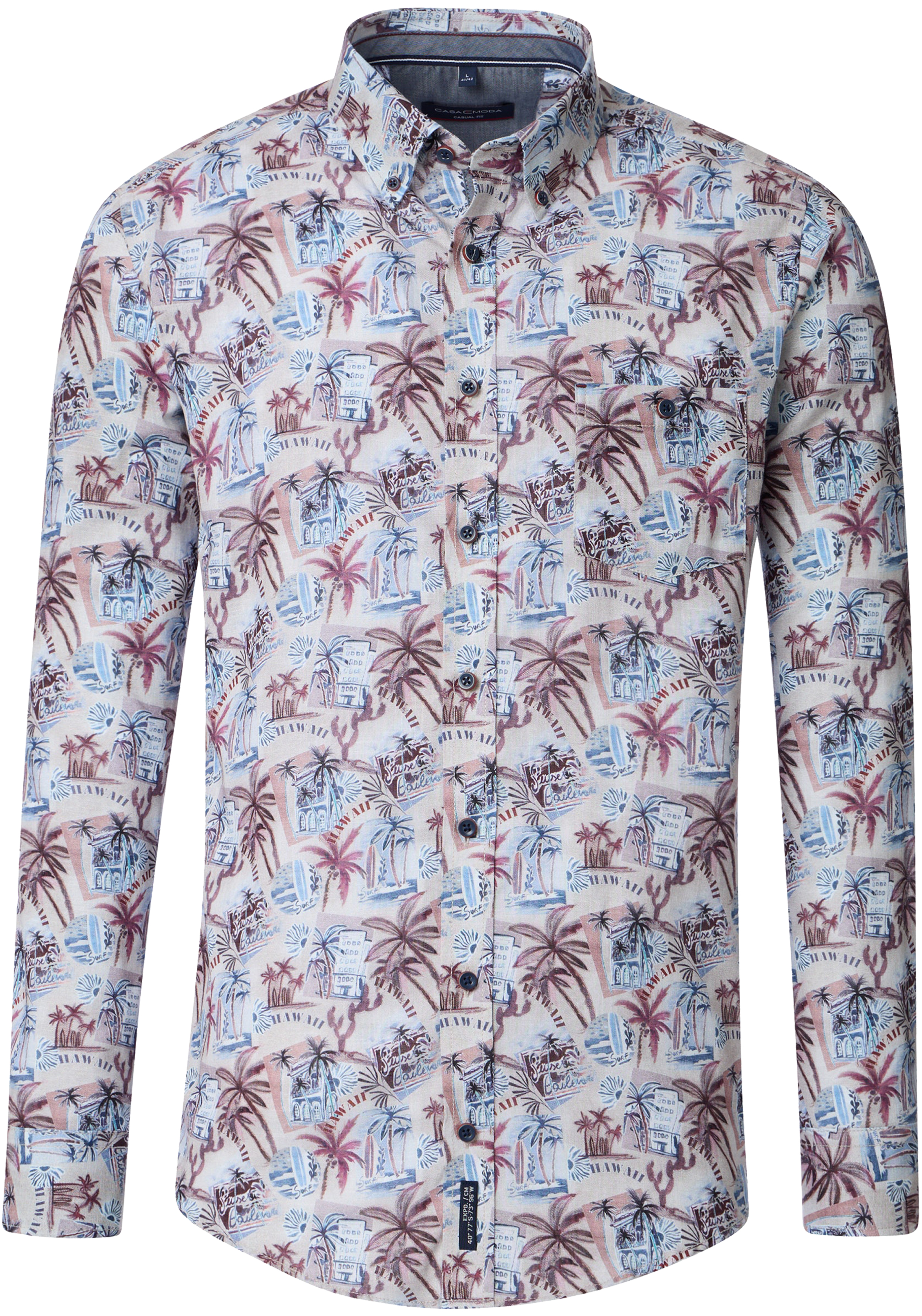 CASA MODA Sport casual fit overhemd, popeline, beige met blauw wit en donkerrood dessin