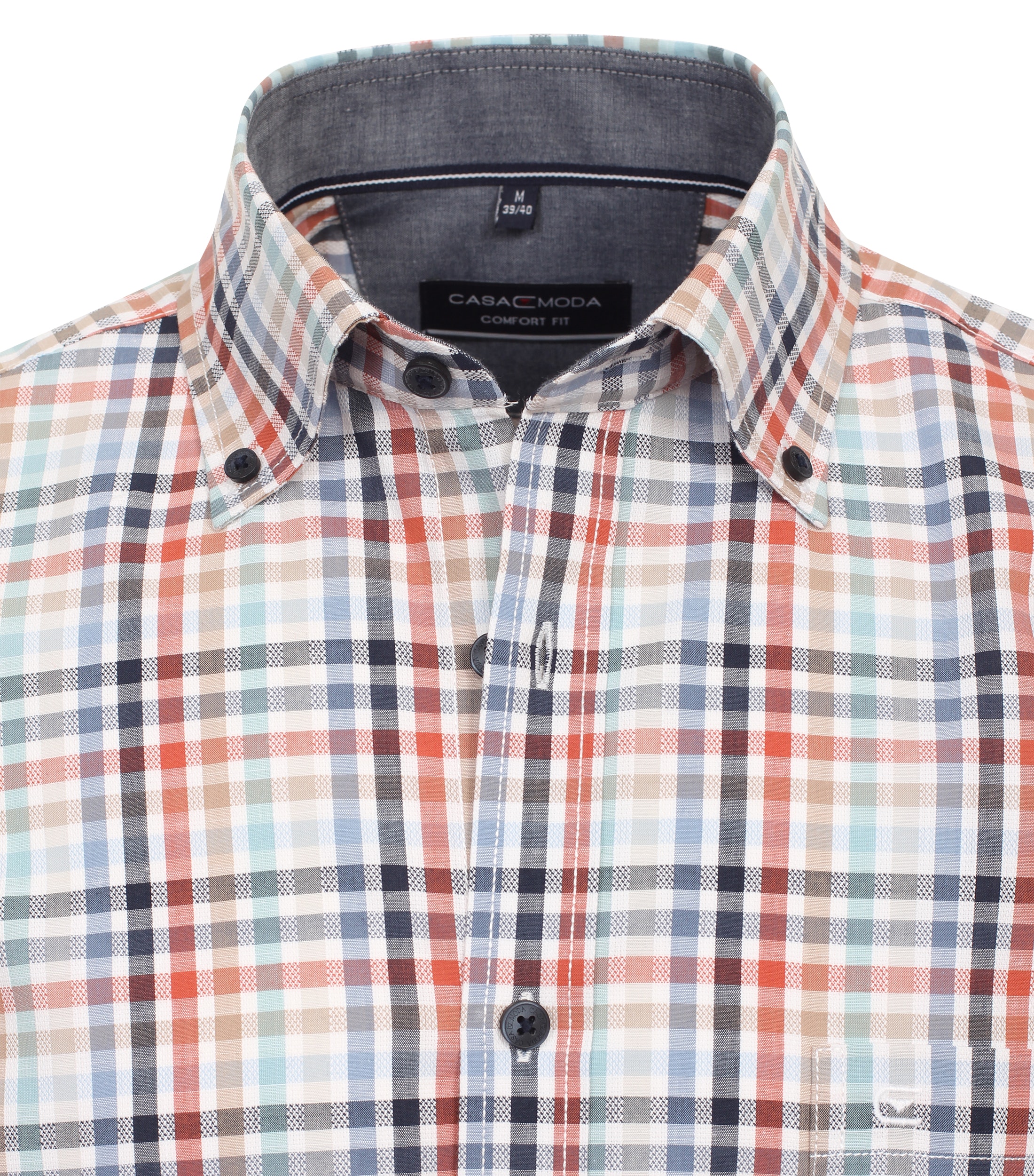 CASA MODA Sport casual fit overhemd, korte mouw, chambray, oranje geruit - 944199900-450
