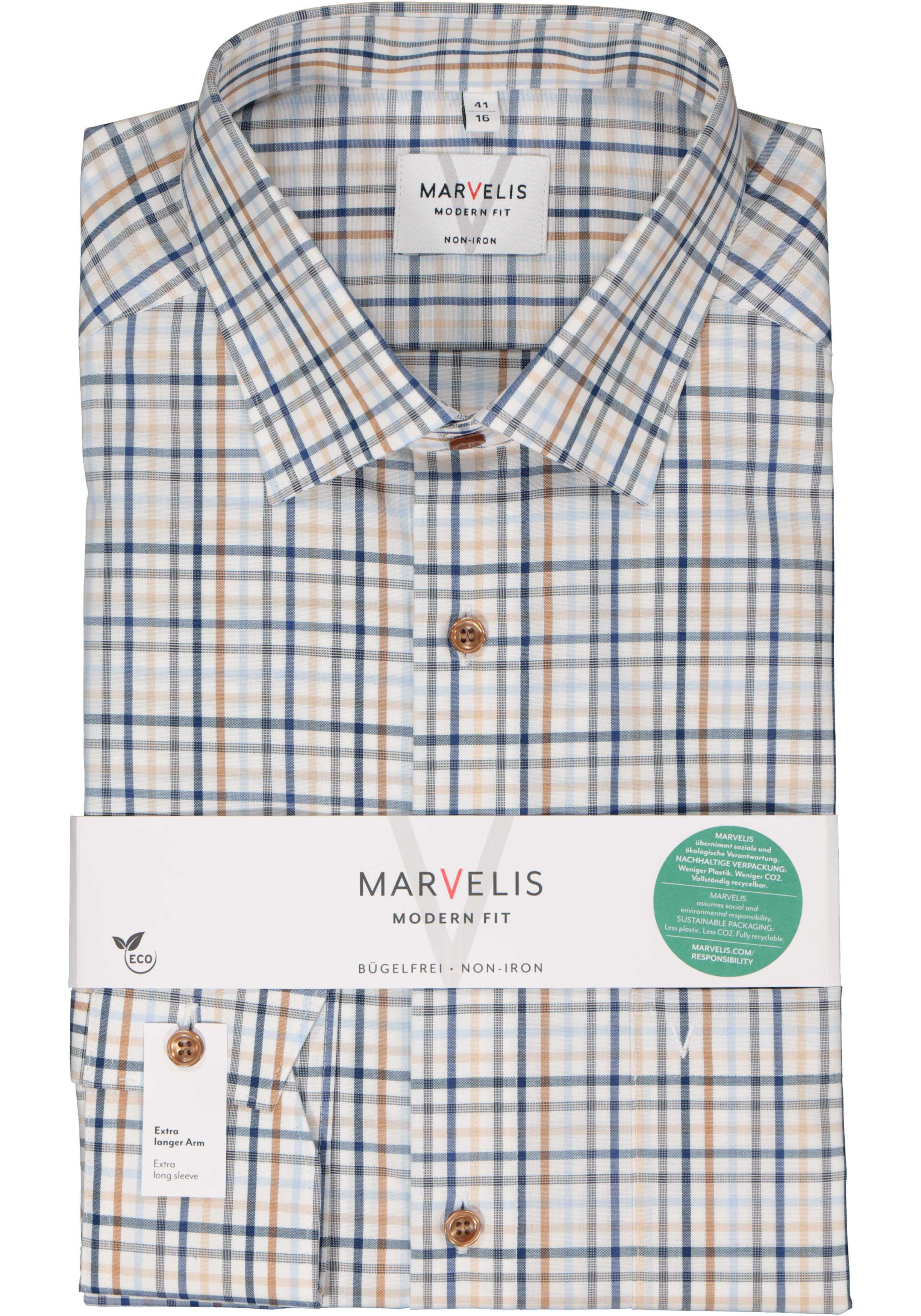 MARVELIS modern fit overhemd, mouwlengte 7, popeline, wit met blauw en beige geruit