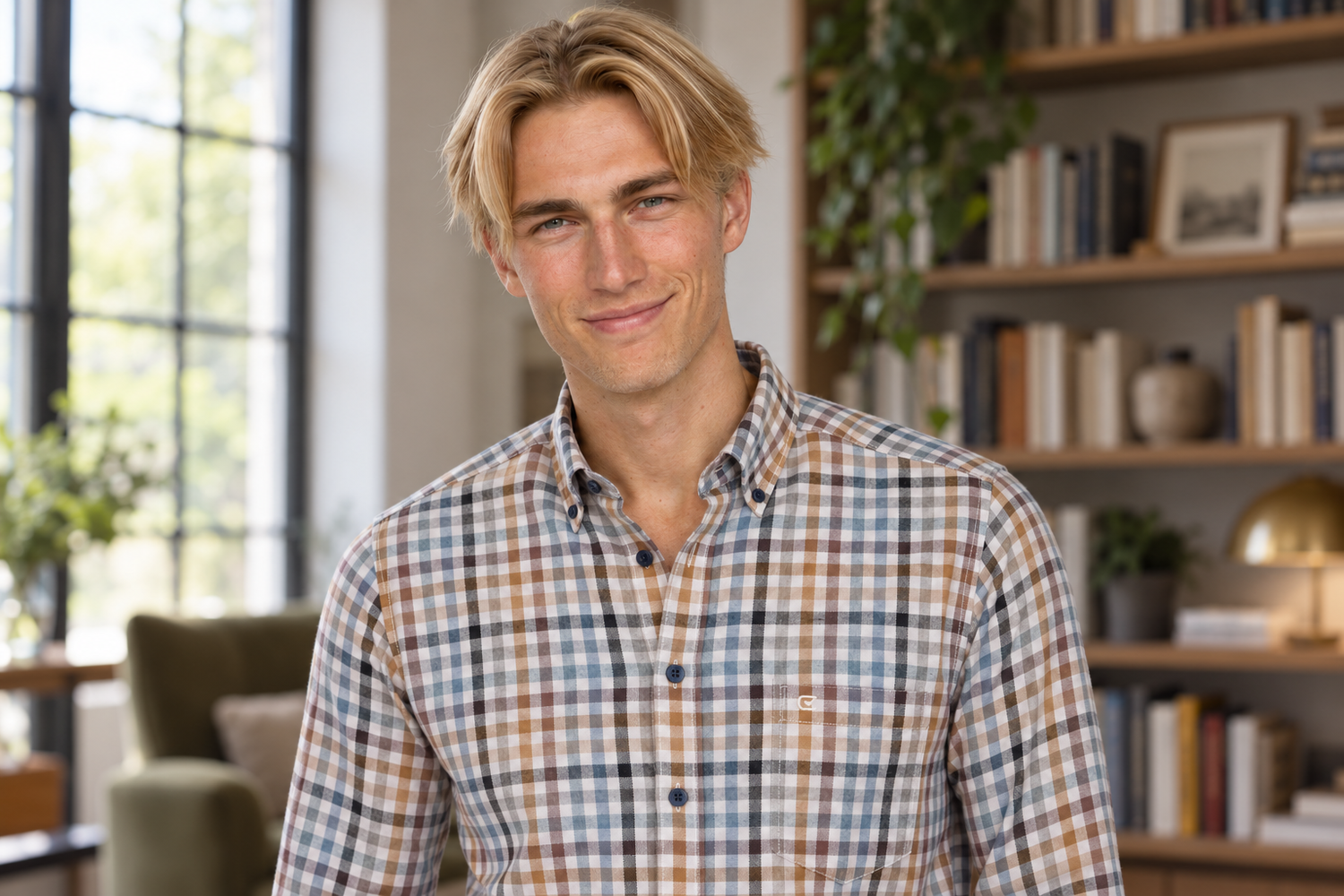 Floris bij een raam in een beige flanellen overhemd met blauwe en donkere ruiten en button-downkraag.