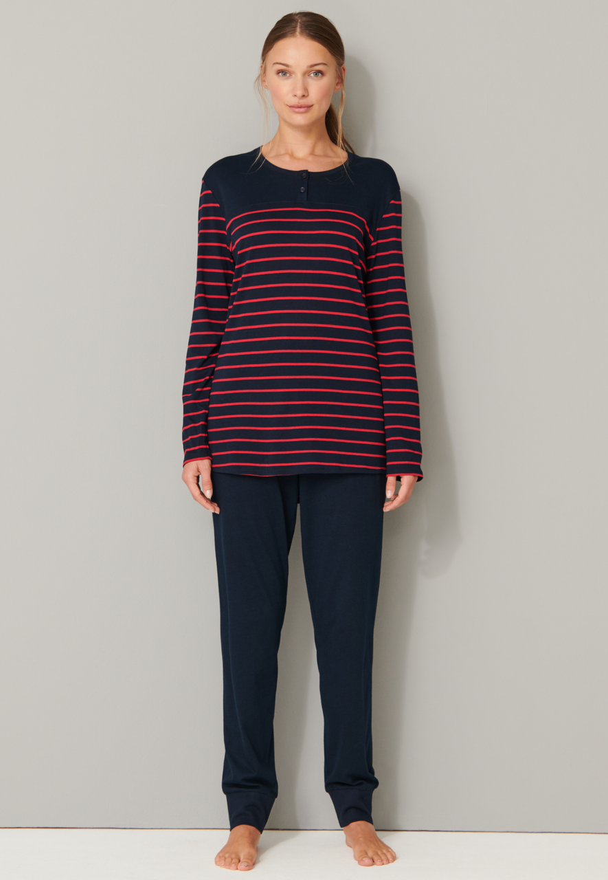 SCHIESSER selected! premium inspiration pyjamaset, dames pyjama lang streepjes boordjes nachtblauwe-rood