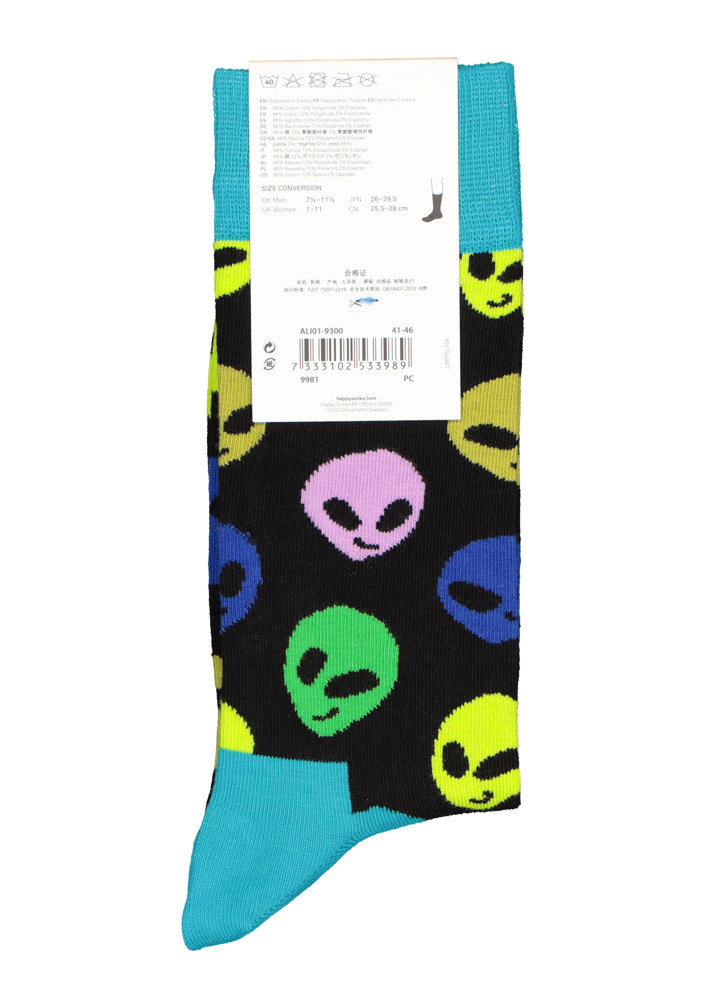 Happy Socks Alien Sock, zwart met ruimte mannetjes