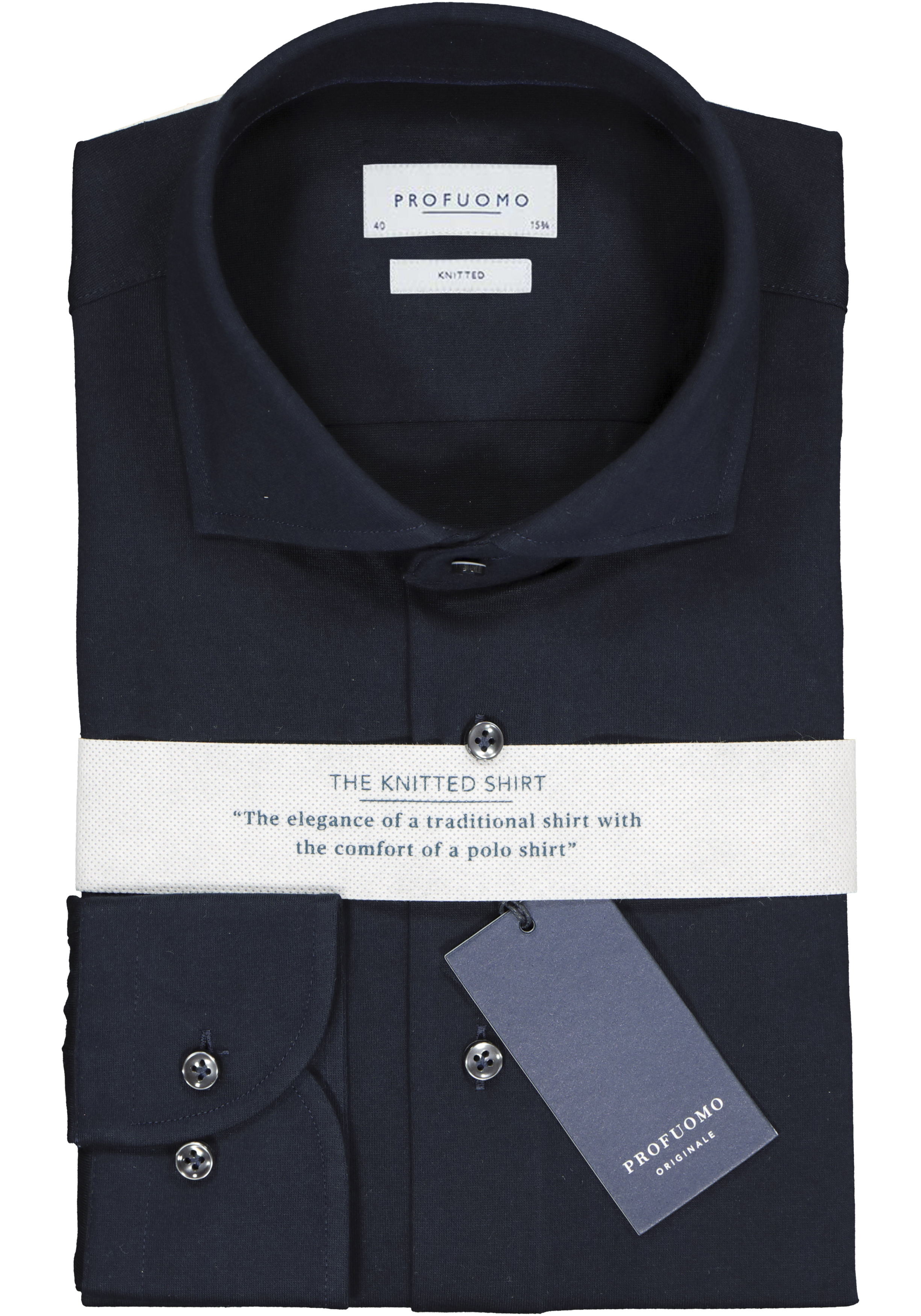 Profuomo Slim Fit jersey overhemd, navy melange knitted shirt 