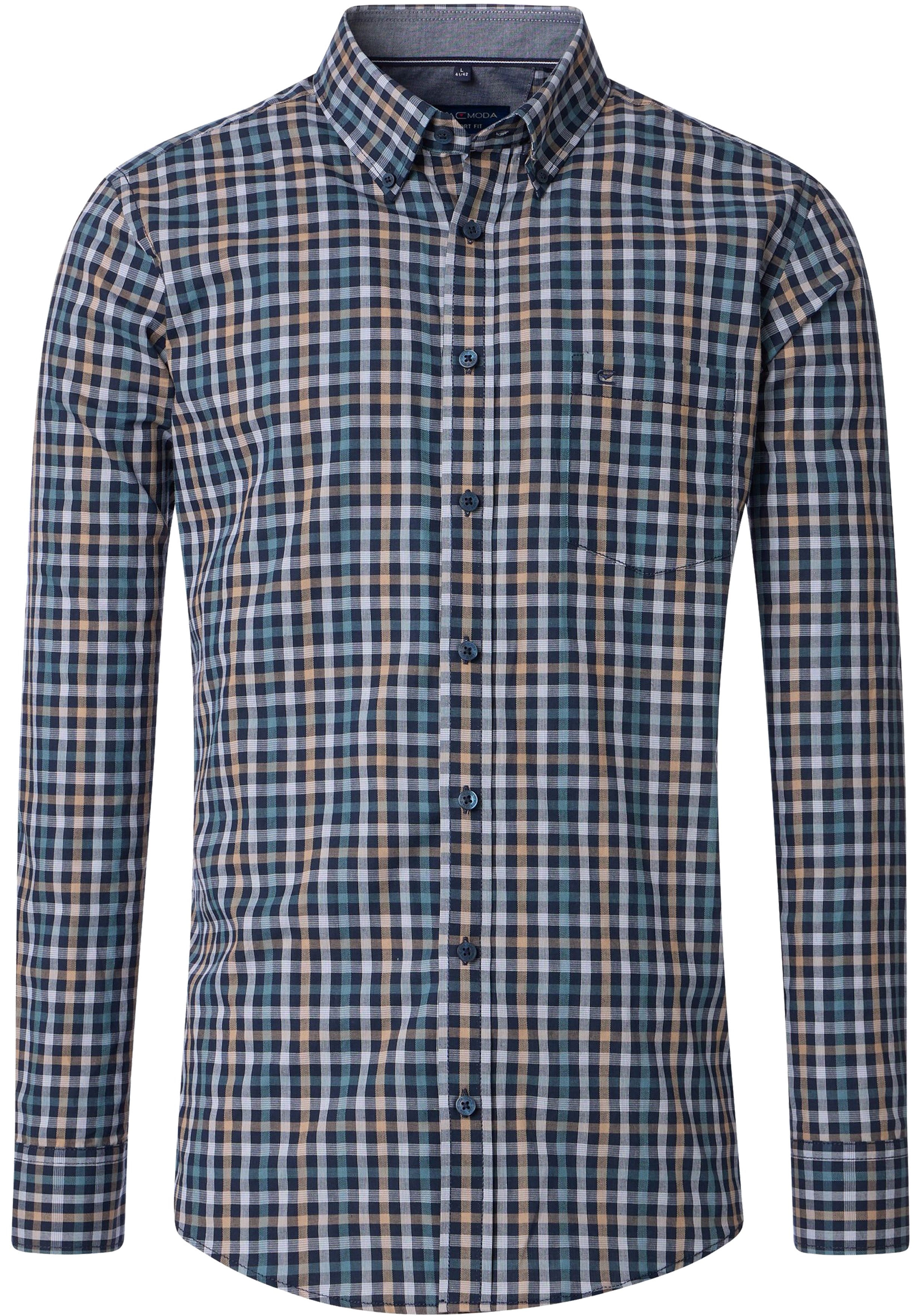 CASA MODA Sport comfort fit overhemd, dobby, blauw met wit, beige en petrol geruit