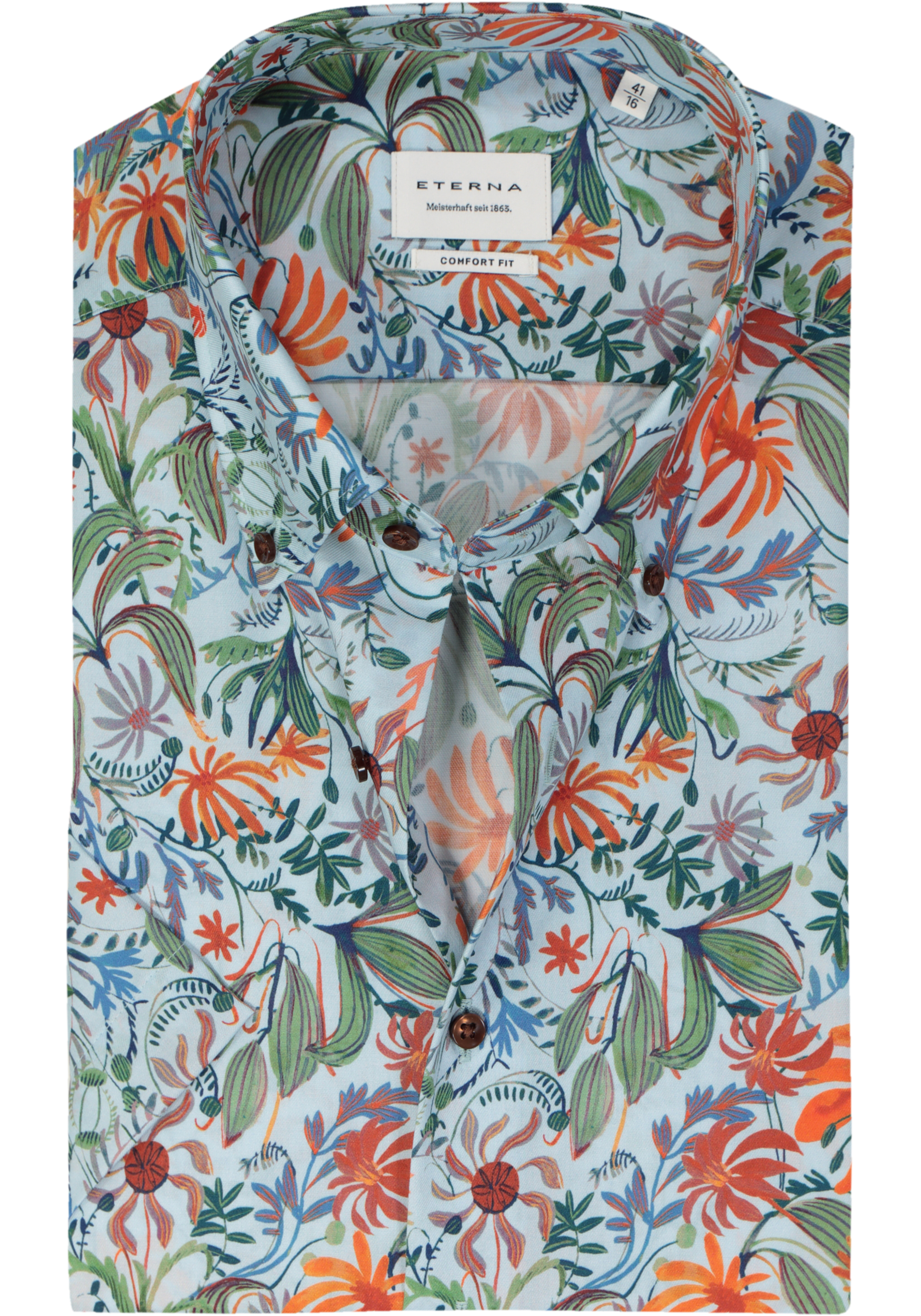 ETERNA comfort fit overhemd korte mouw, popeline, lichtgroen bloemen dessin