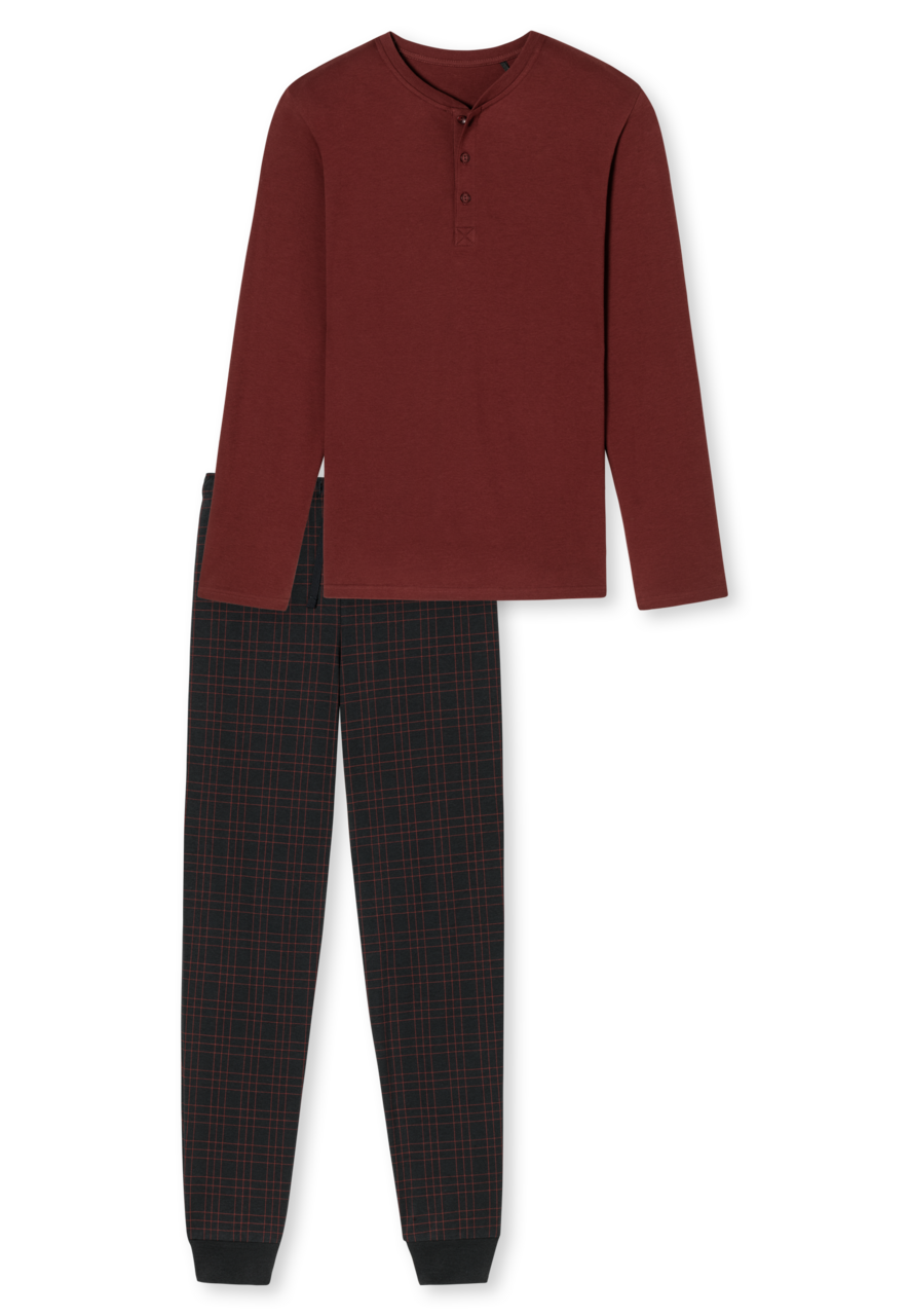SCHIESSER Fine Interlock pyjamaset, heren pyjama lang interlock manchetten knoopsluiting geruit terracotta