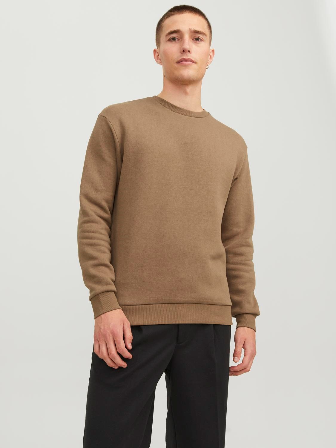 JACK & JONES Bradley sweat crew regular fit, heren sweatshirt katoenmengsel met O-hals, camel bruin