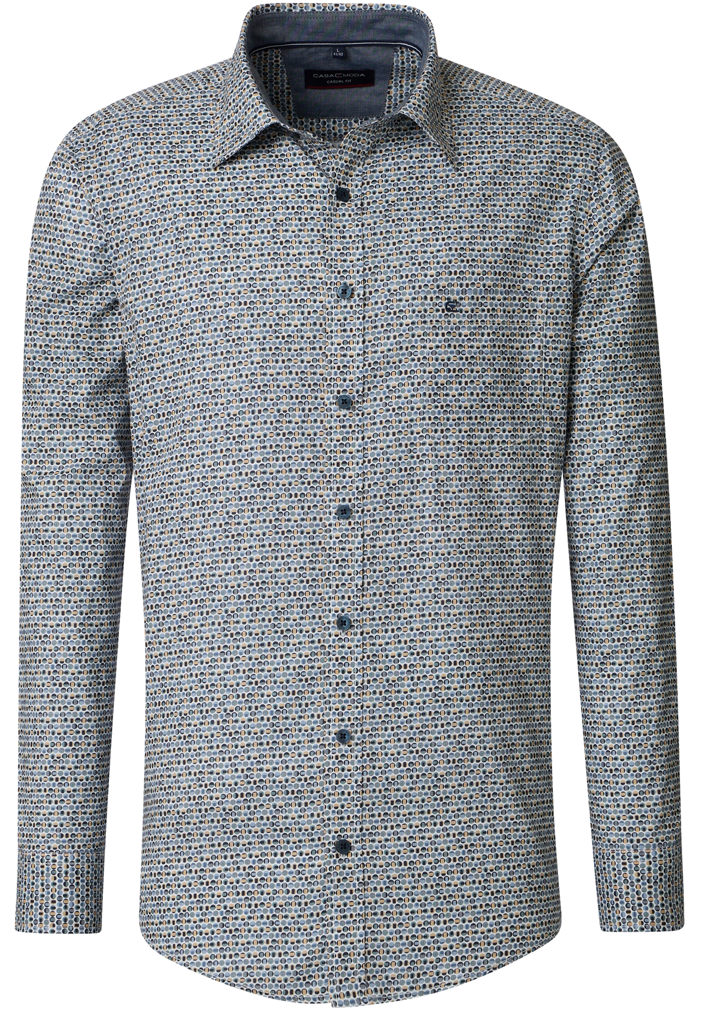 CASA MODA Sport casual fit overhemd, popeline, blauw met beige en wit dessin