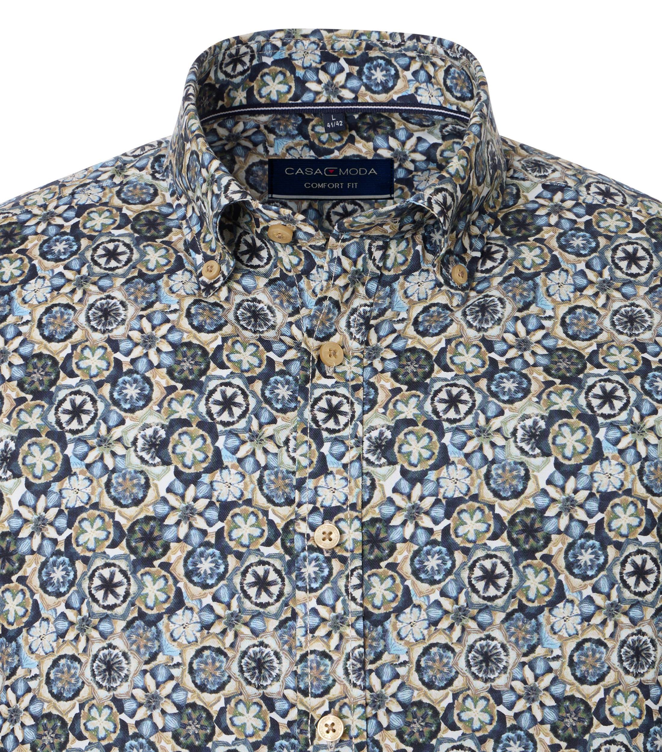 CASA MODA Sport comfort fit overhemd, twill, blauw met wit, groen en beige dessin