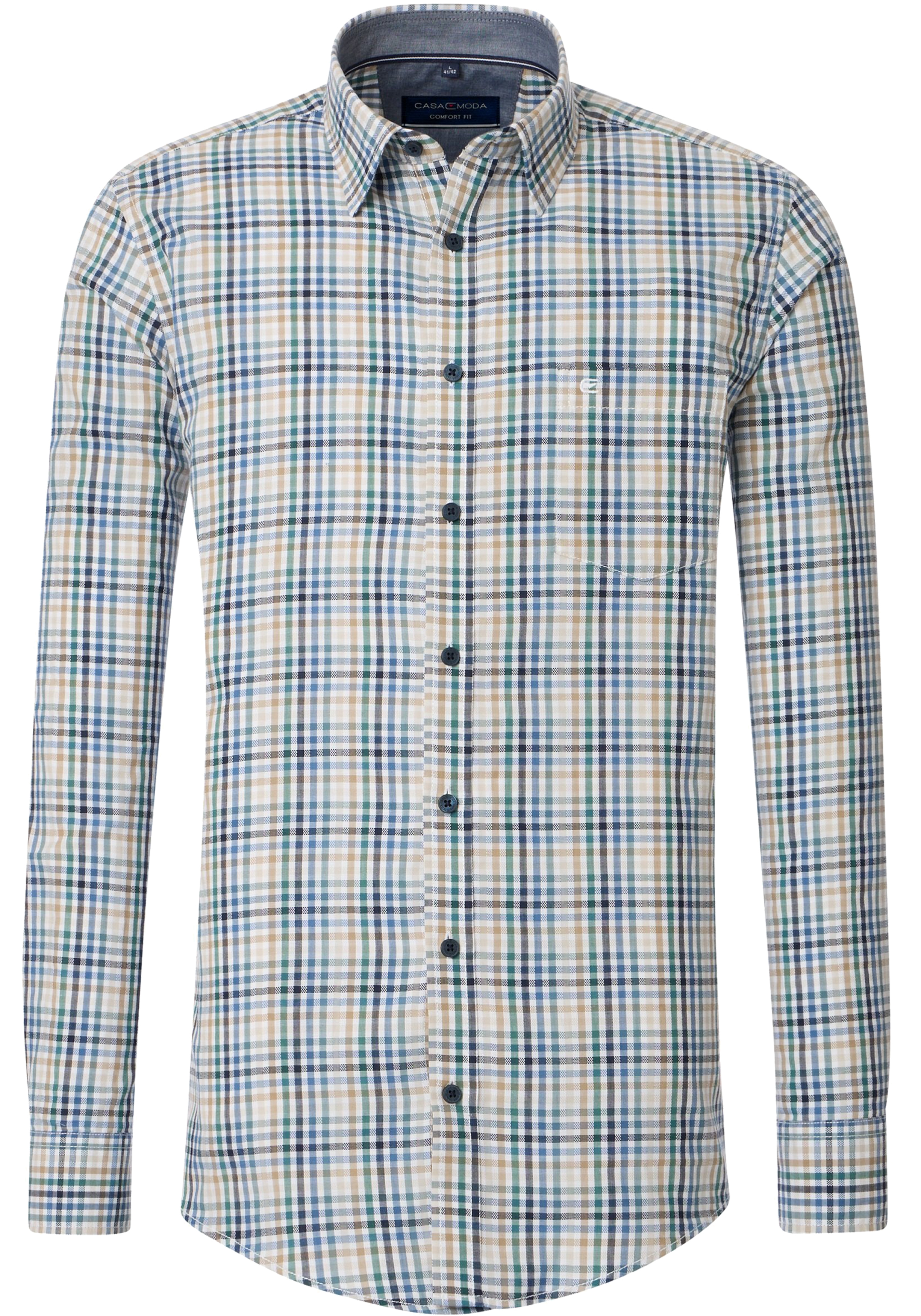 CASA MODA Sport comfort fit overhemd, dobby, wit met blauw, groen en beige geruit