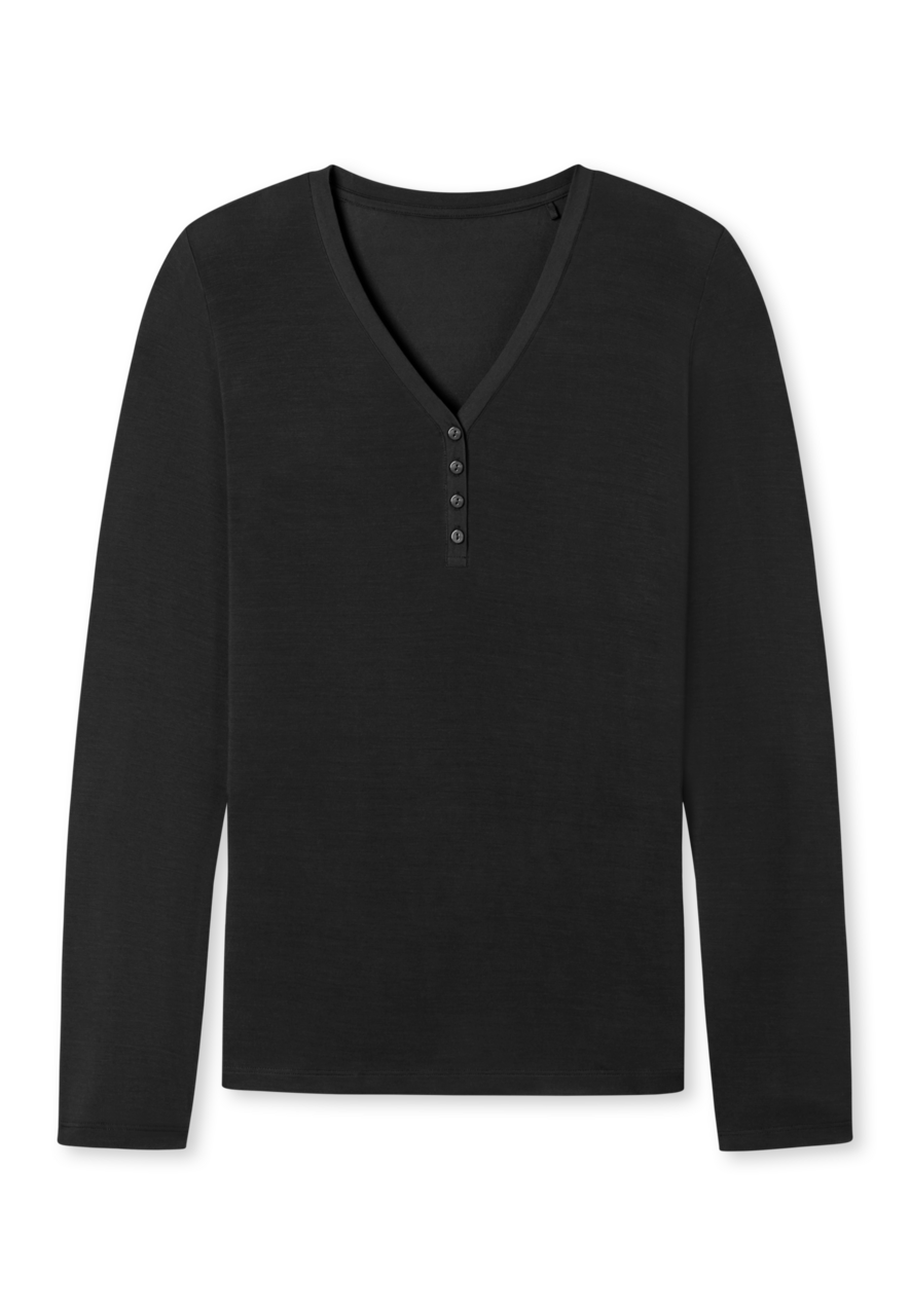 SCHIESSER Mix Relax T shirt dames shirt lange mouwen modal v hals knoopsluiting zwart
