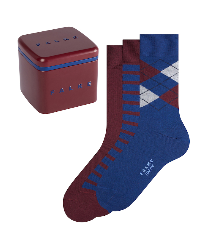 FALKE Happy Box herensokken (3-pack), bordeaux en kobalt, gestreept, geruit en uni