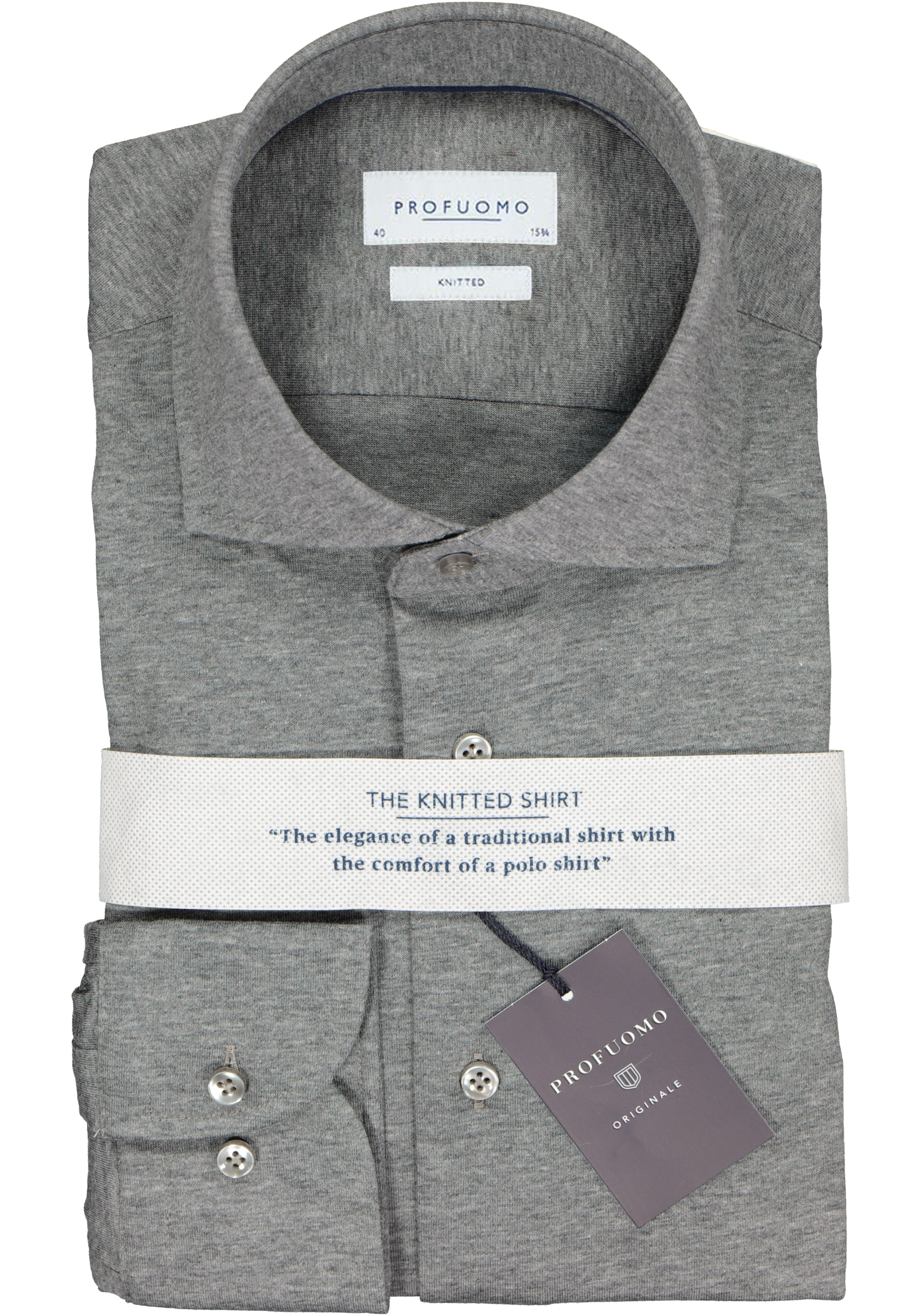 Profuomo slim fit jersey overhemd, knitted shirt, antraciet grijs melange