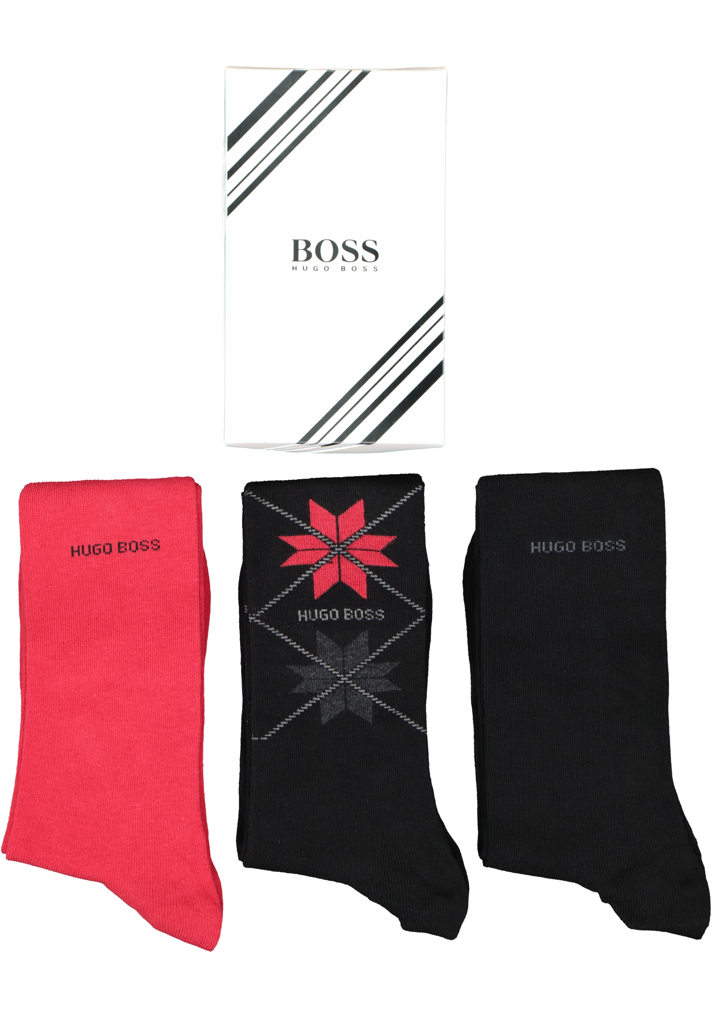 HUGO BOSS cadeauset sokken, giftbox met 3 paar heren sokken, zwart, rood en sneeuwvlok dessin
