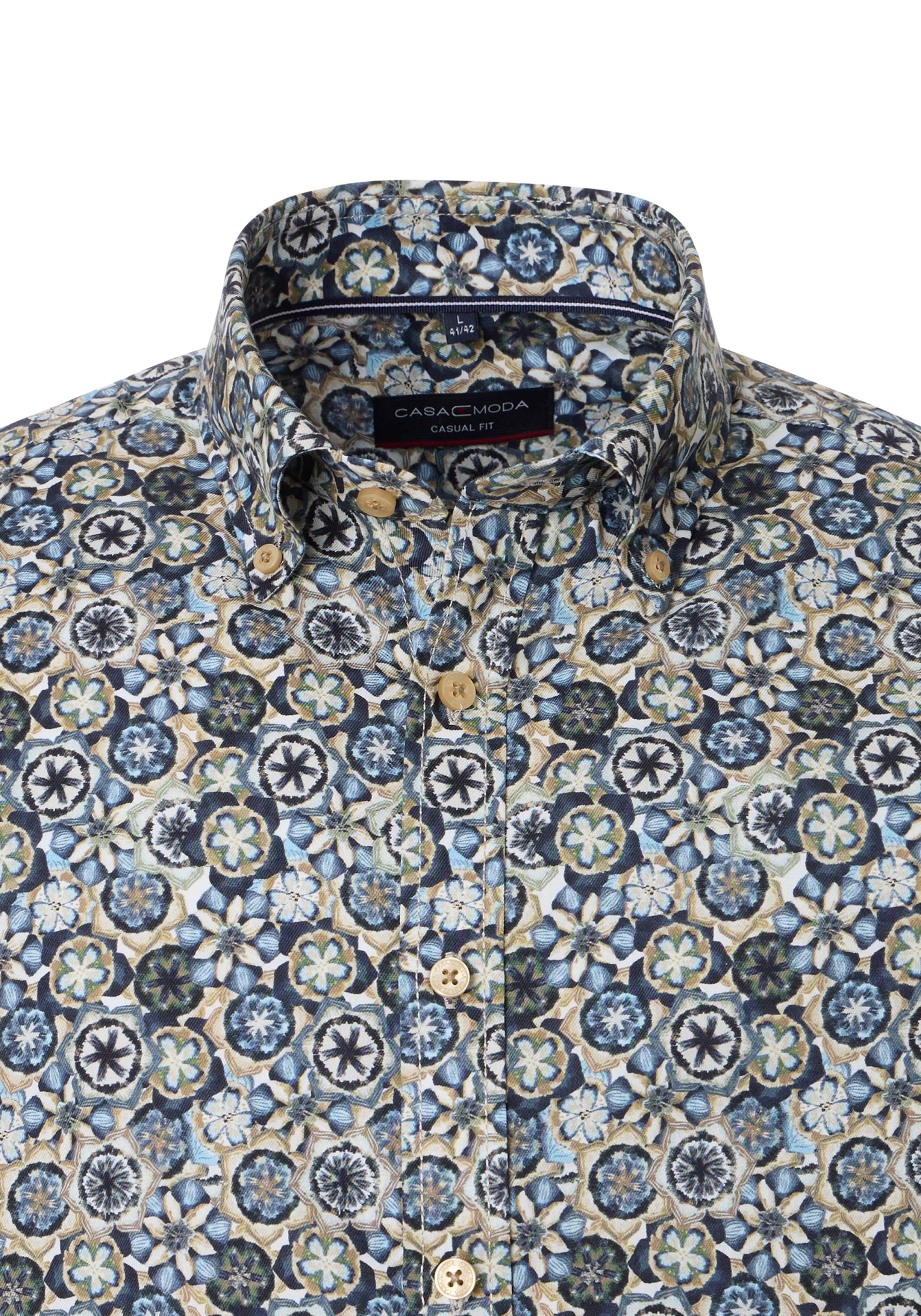 CASA MODA Sport casual fit overhemd, twill, blauw met groen, beige en wit dessin