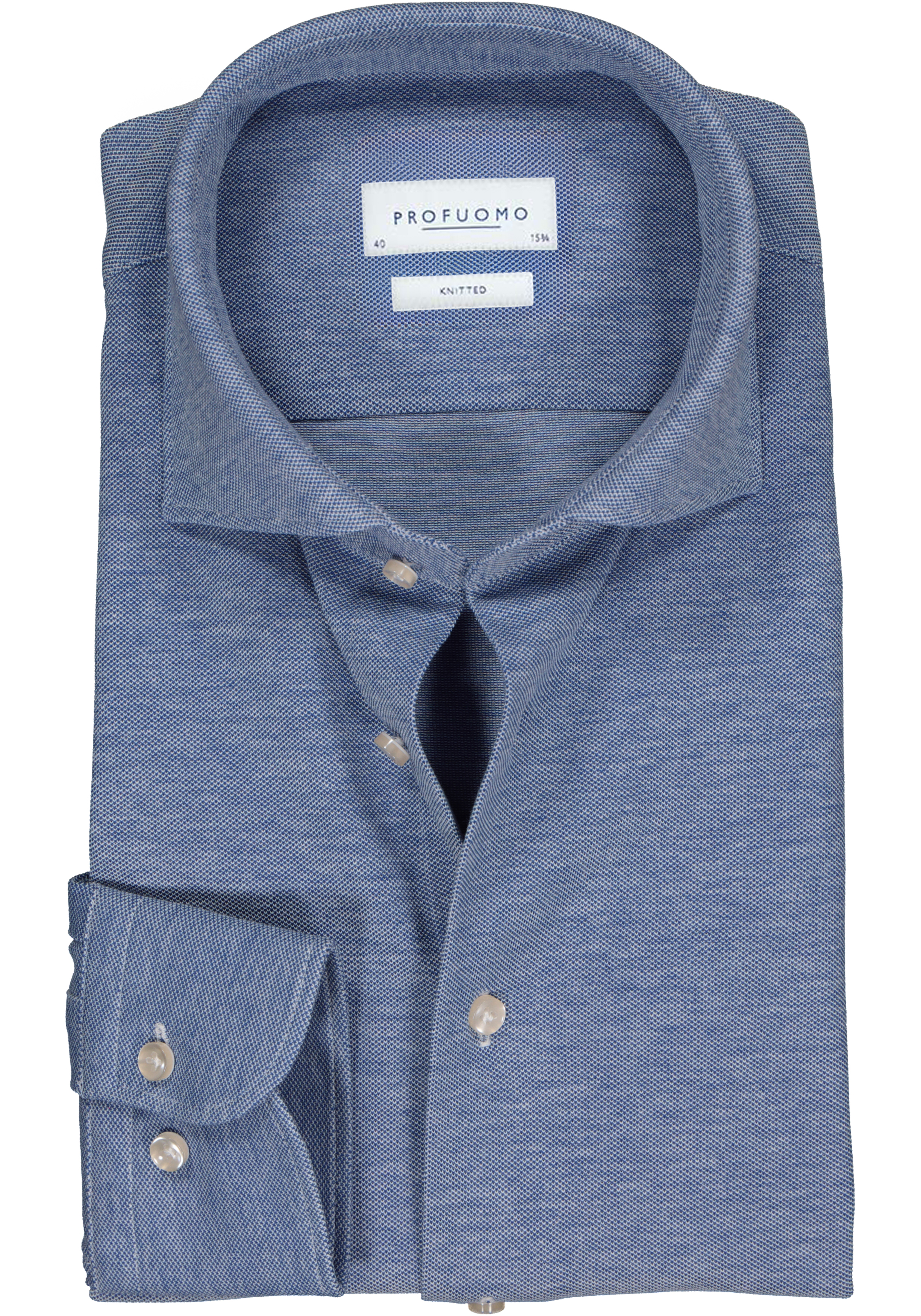 Profuomo slim fit jersey overhemd, knitted shirt pique, blauw melange