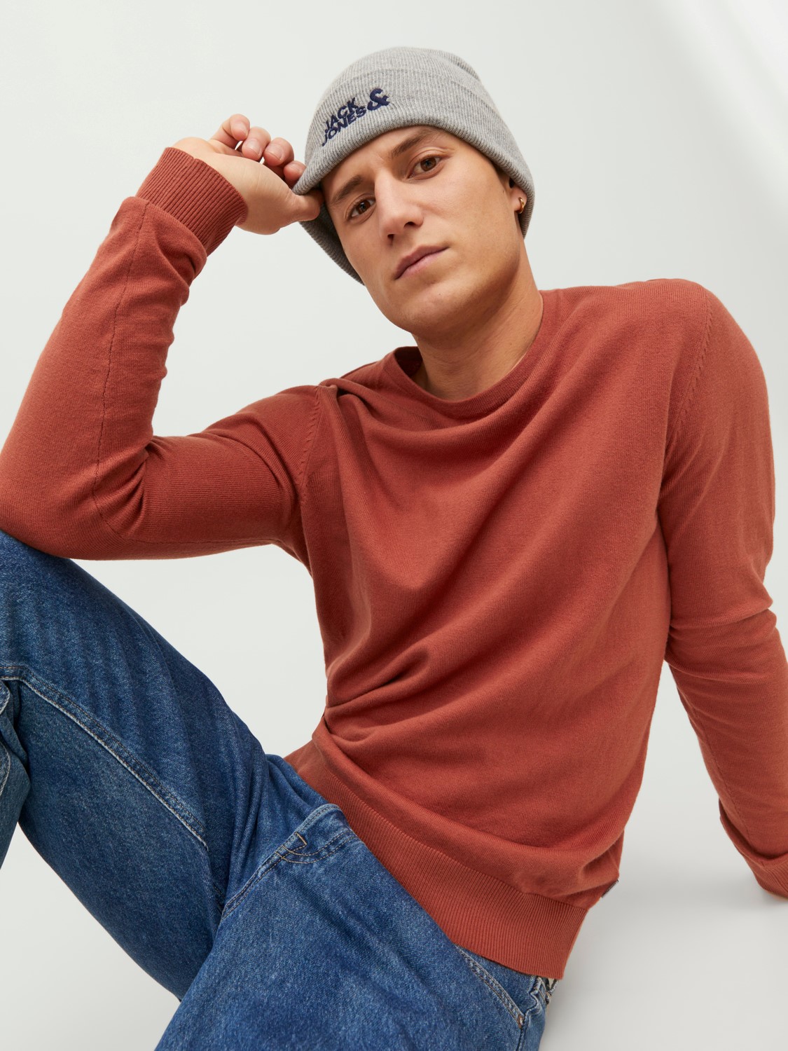 JACK & JONES Emil knit crew neck slim fit, heren pullover viscosemengsel met O-hals, warm oranje