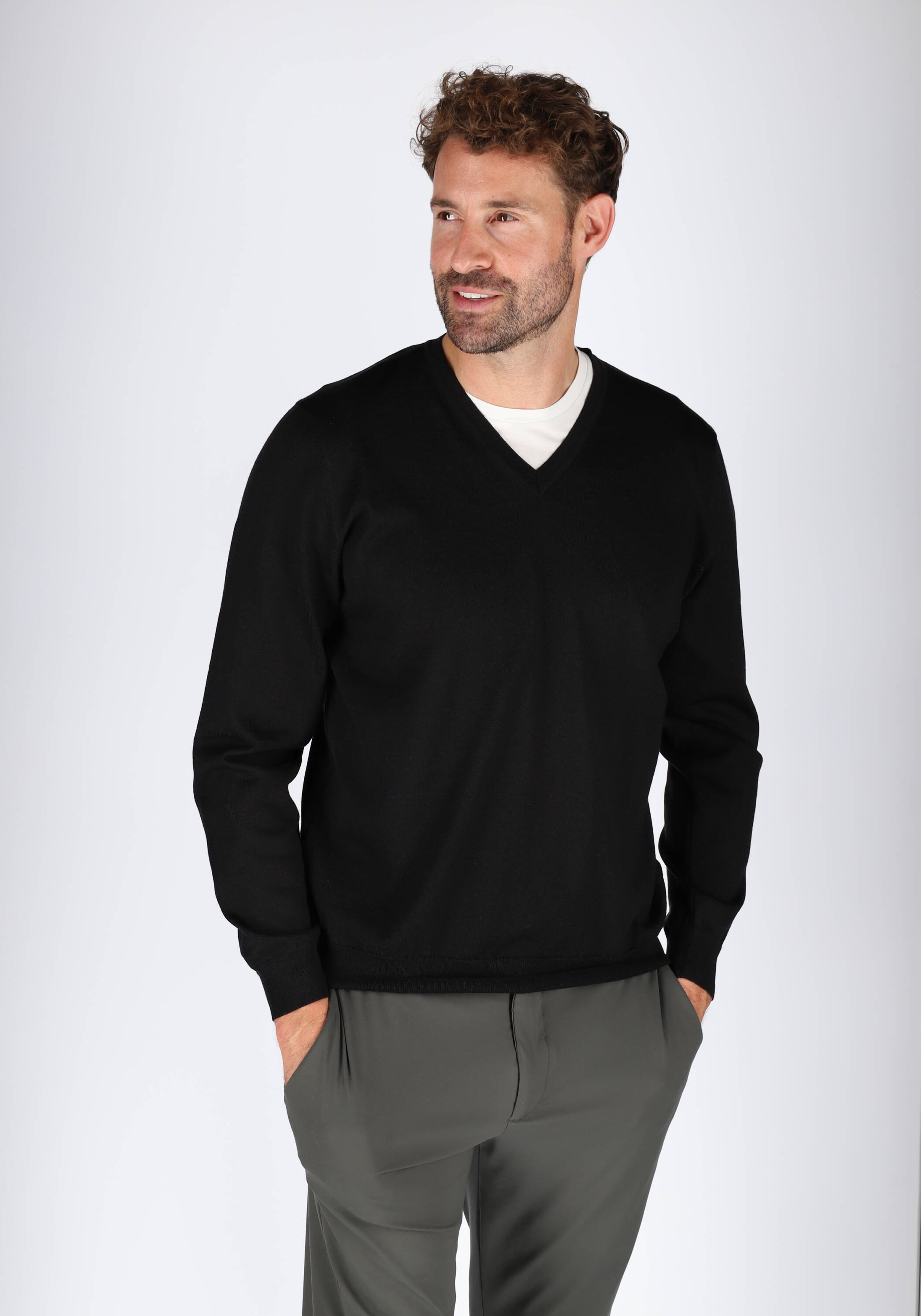 OLYMP modern fit trui wol, V-hals, zwart