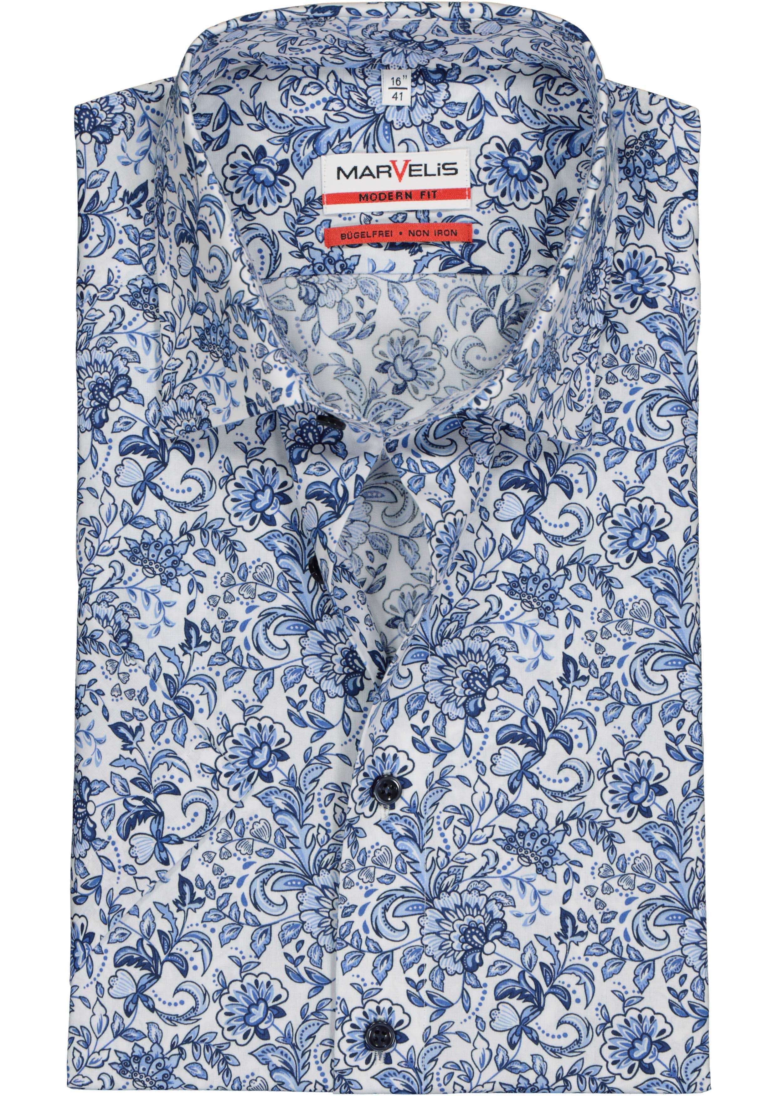 MARVELIS modern fit overhemd, korte mouw, popeline, wit met blauw bloemen dessin