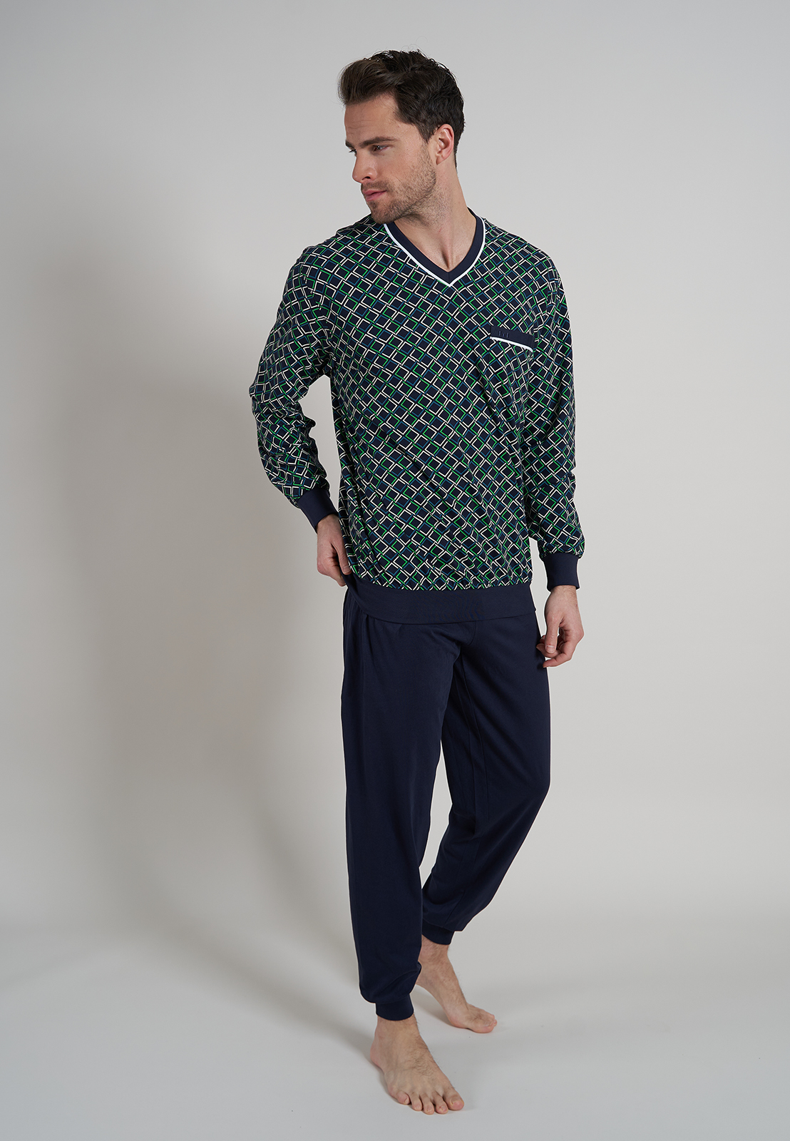 Gotzburg heren pyjama V-hals, middenblauw dessin