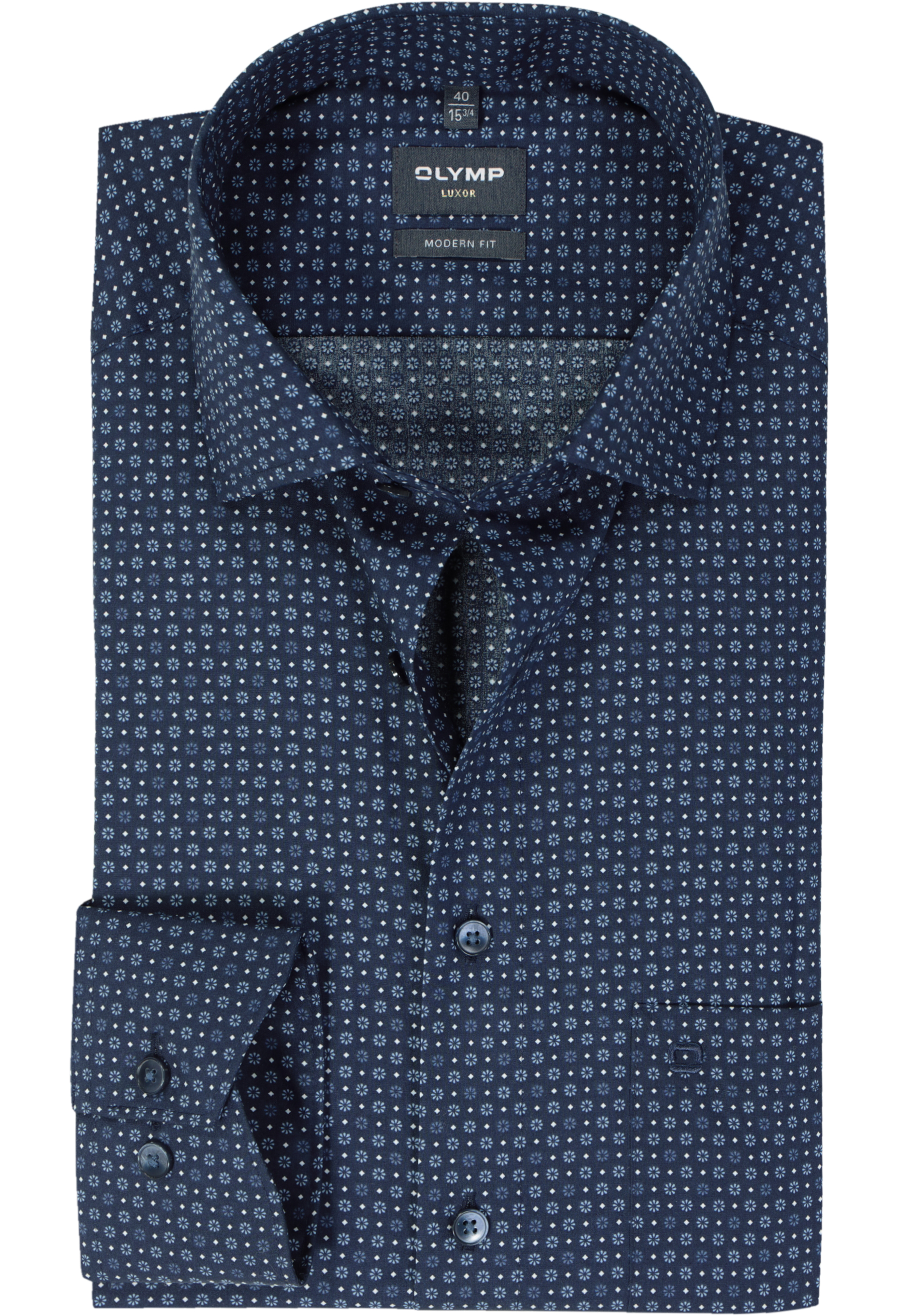 OLYMP modern fit overhemd, mouwlengte 7, popeline, marine blauw dessin