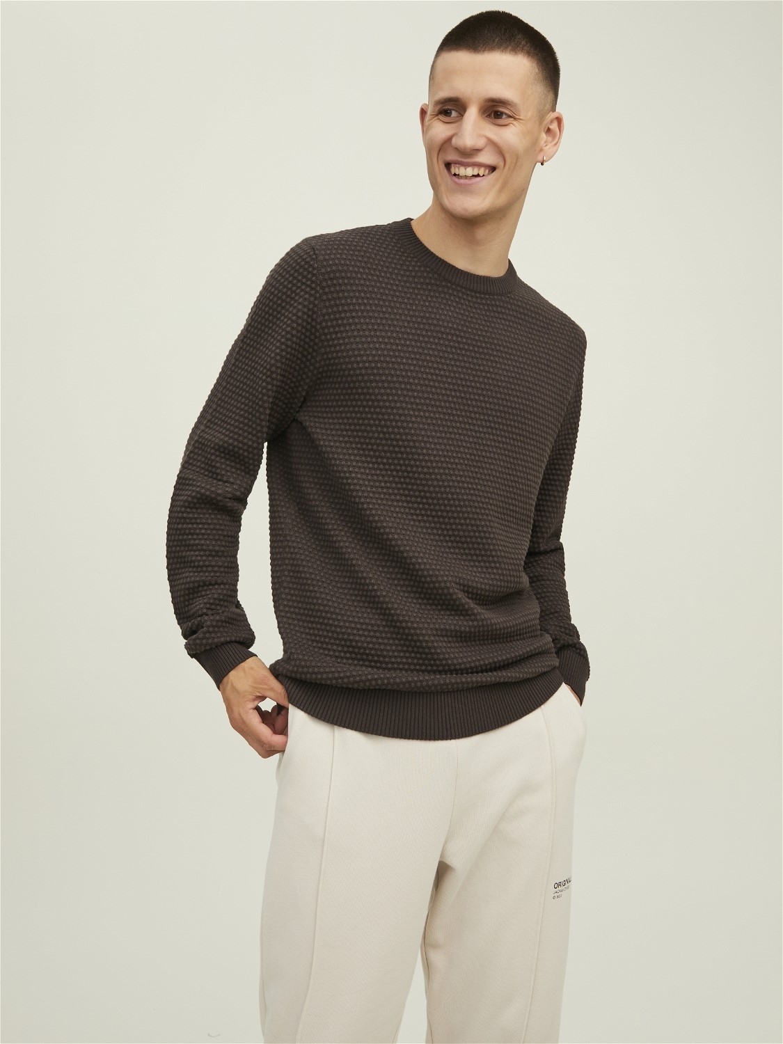JACK & JONES Atlas knit crew neck slim fit, heren pullover katoen met O-hals, donkerbruin