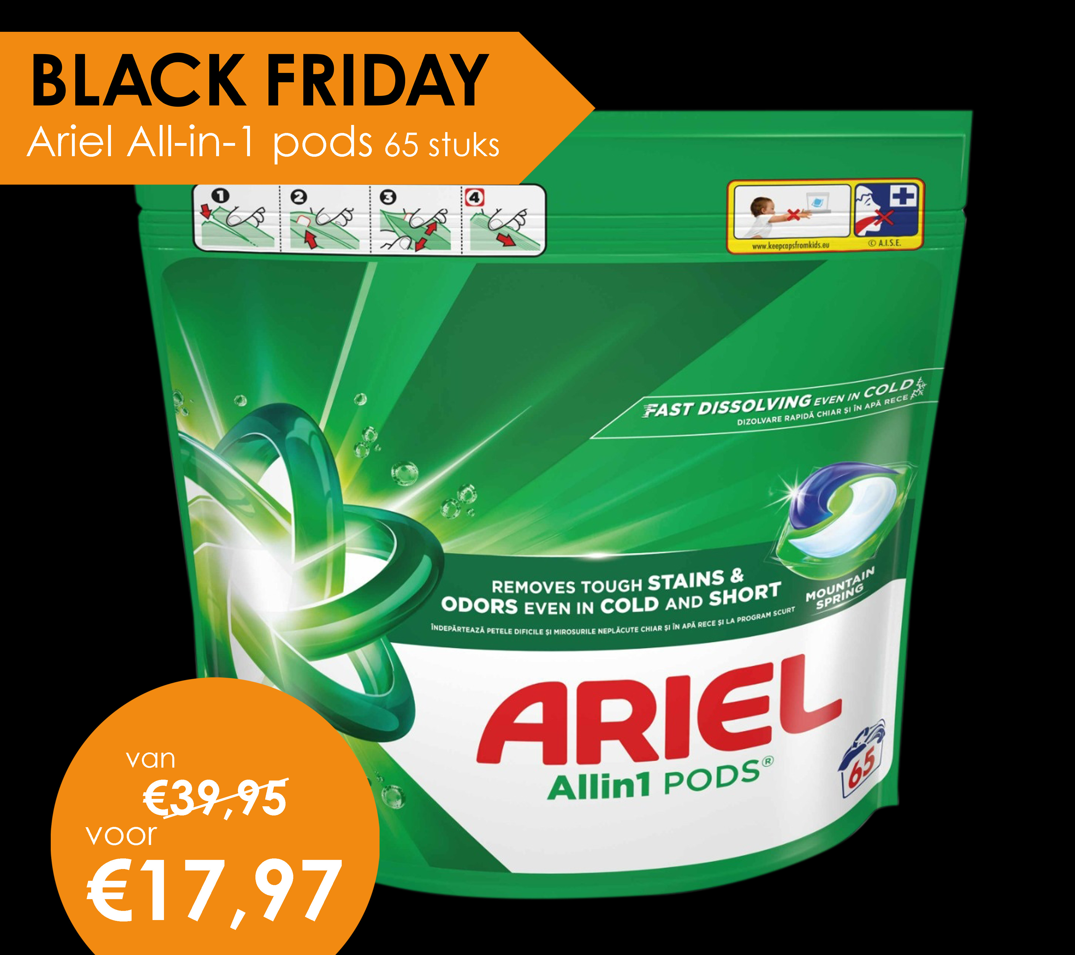 Ariel all-in-1 wasmiddel pods van 39,95 voor 17,97 bij HemdVoorHem.nl