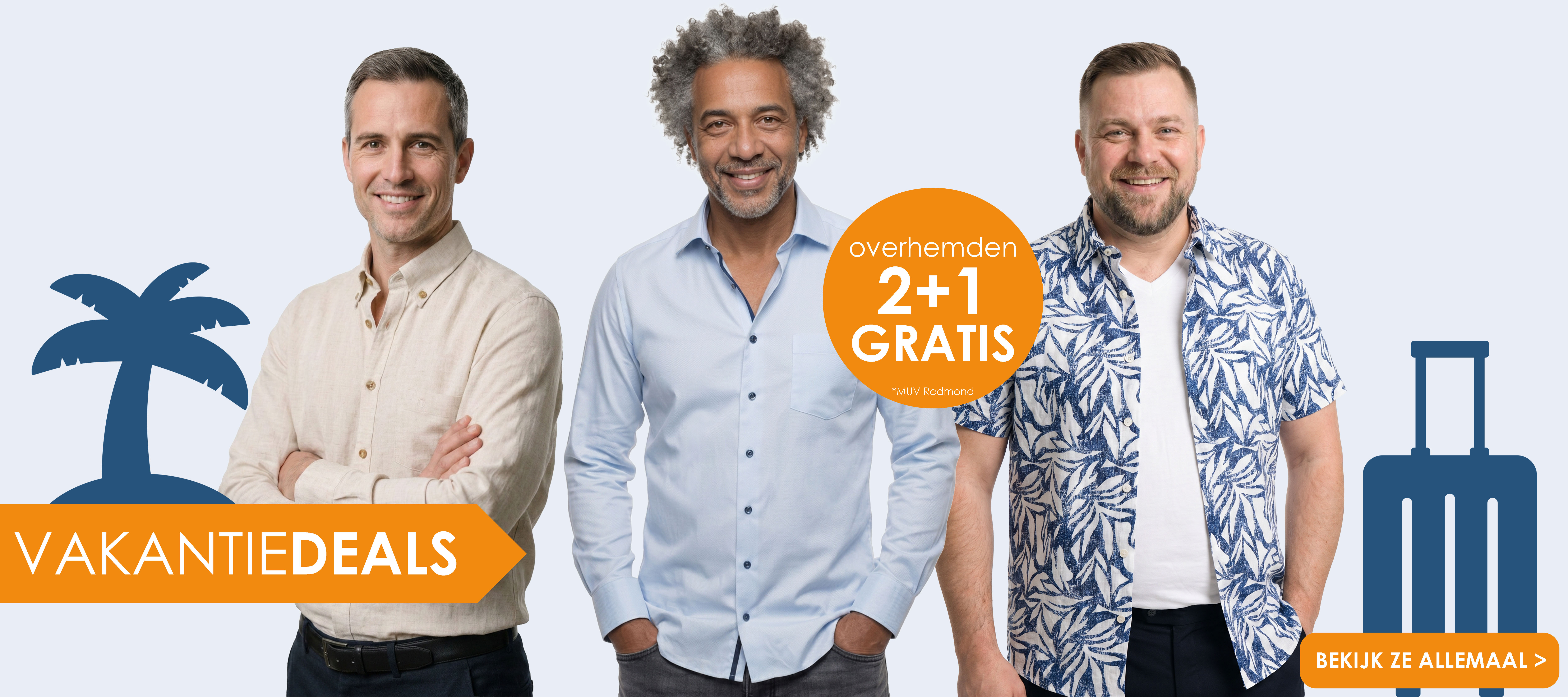 Vakantiedeals bij HemdVoorHem! Overhemden 2 plus 1 gratis, bekijk ze allemaal!