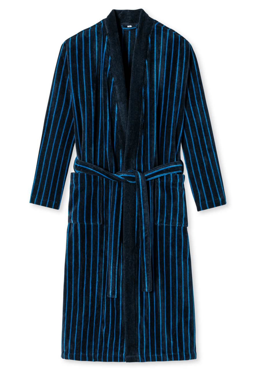 SCHIESSER Essentials badjas, heren badjas softvelours donkerblauw gestreept