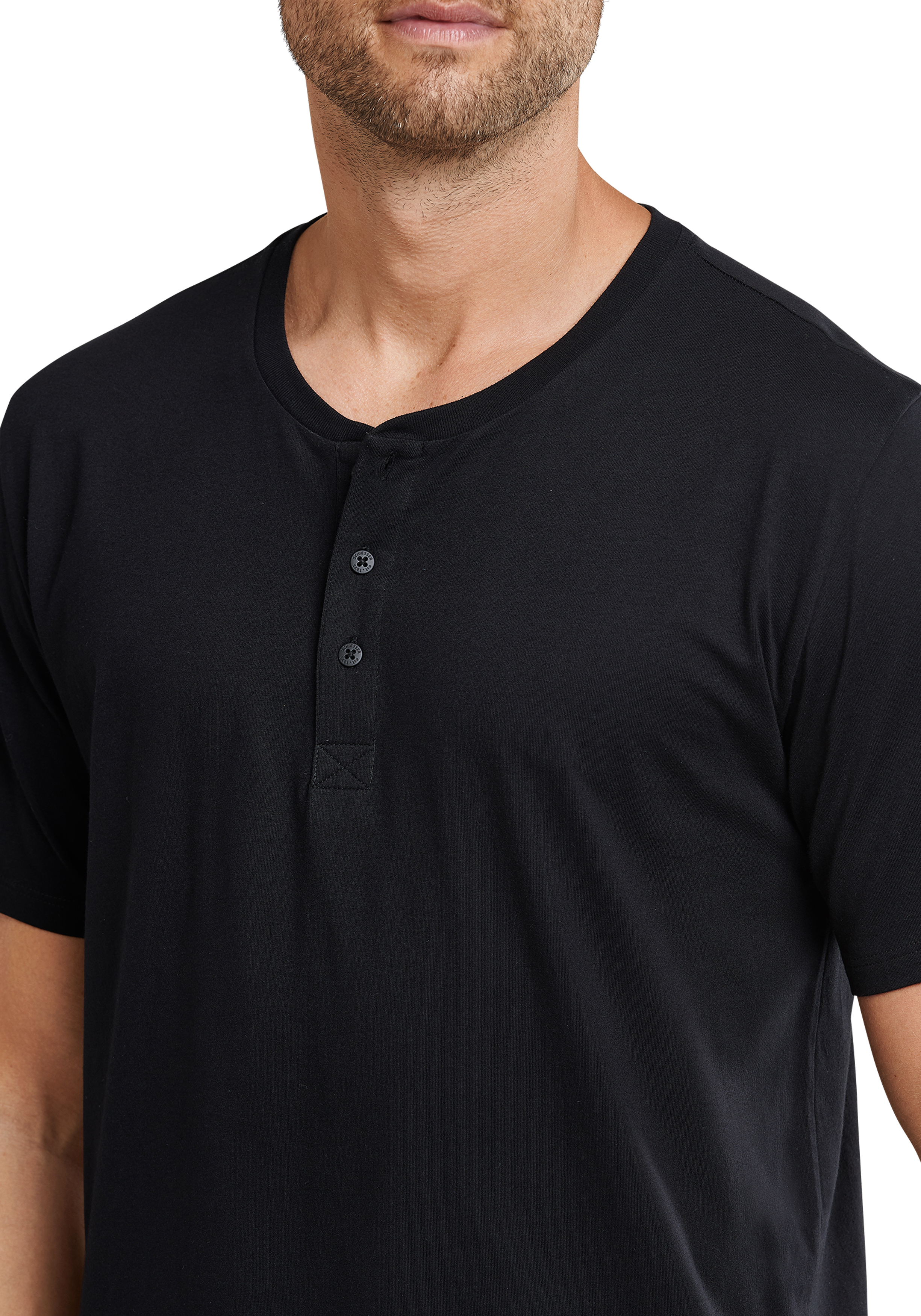 SCHIESSER Mix+Relax T-shirt, korte mouw O-hals met knoopjes, zwart