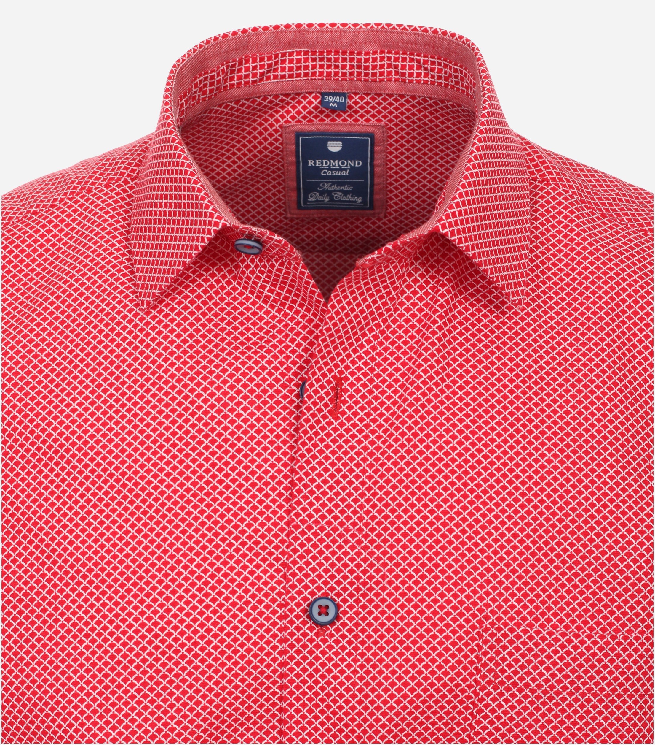 Redmond modern fit overhemd, korte mouw, popeline, rood met wit dessin