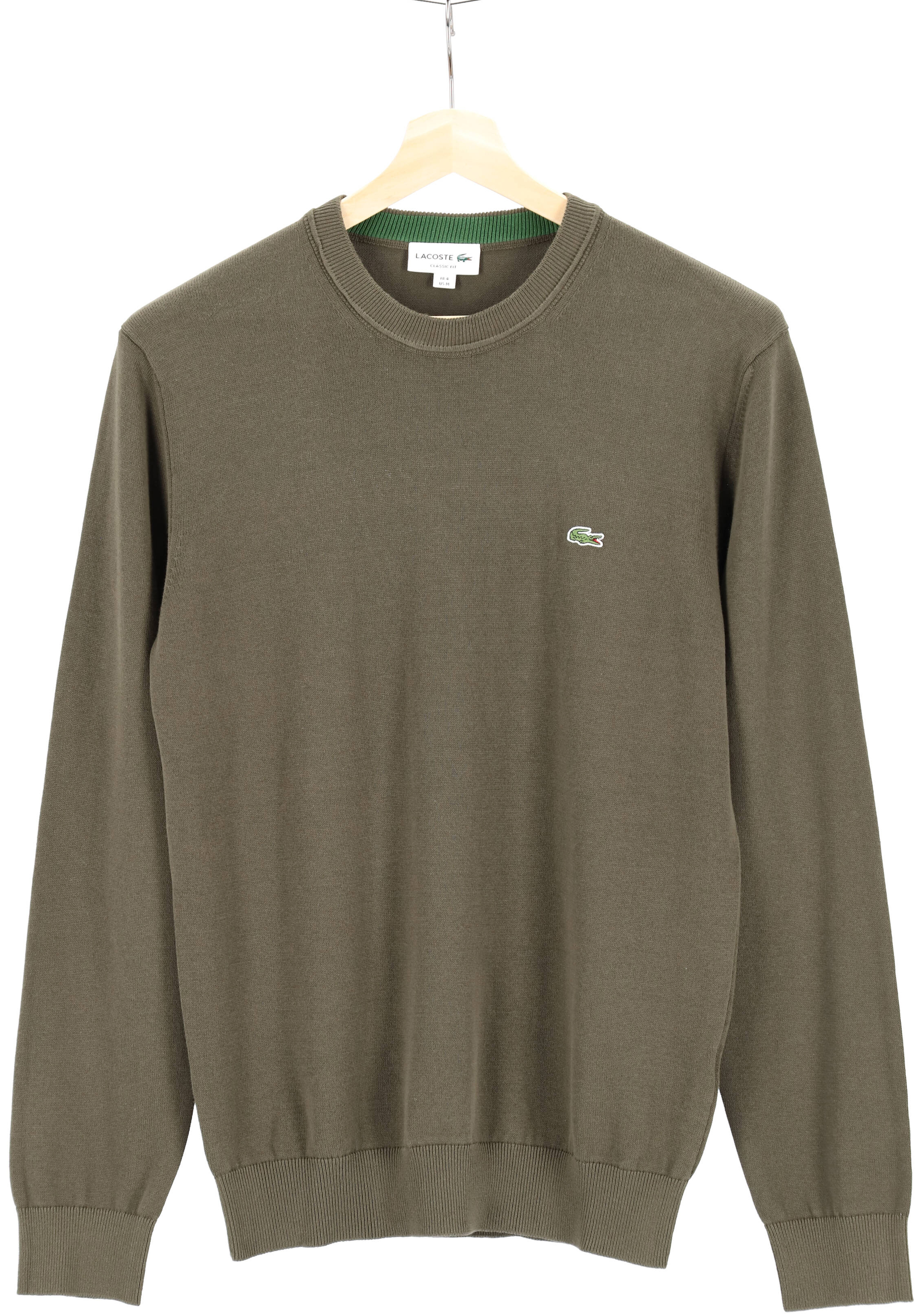 Lacoste trui katoen O-hals, gebreide heren trui, olijfgroen