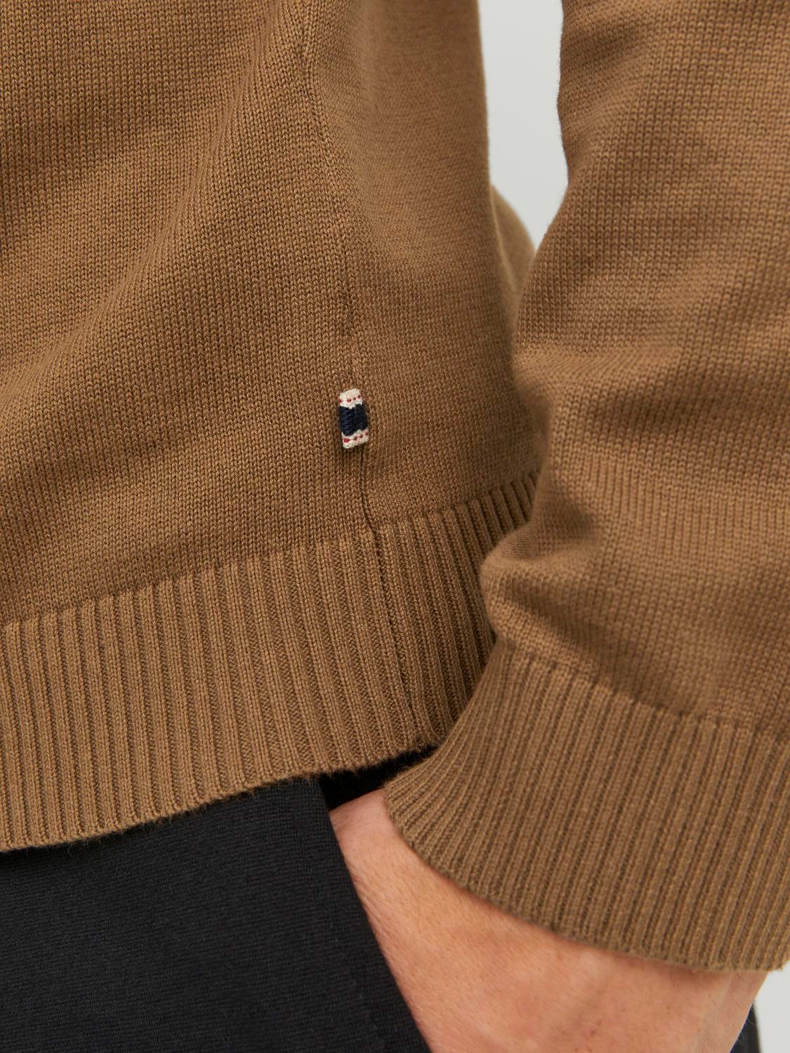 JACK & JONES Basic knit crew neck slim fit, heren pullover katoen met O-hals, camel bruin