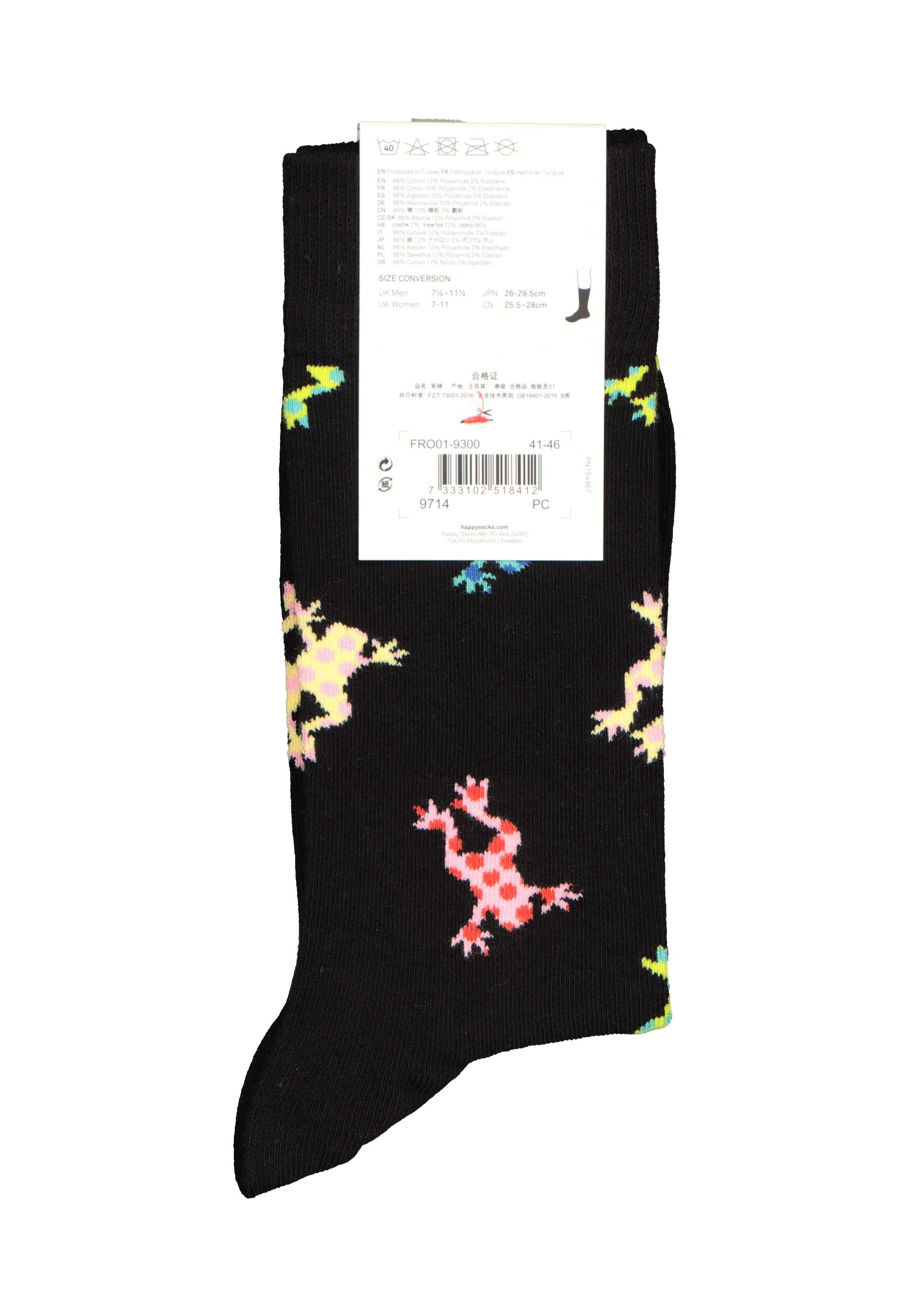 Happy Socks Frog Sock, zwarte sok met gekleurde kikkers