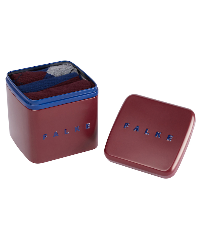 FALKE Happy Box herensokken (3-pack), bordeaux en kobalt, gestreept, geruit en uni