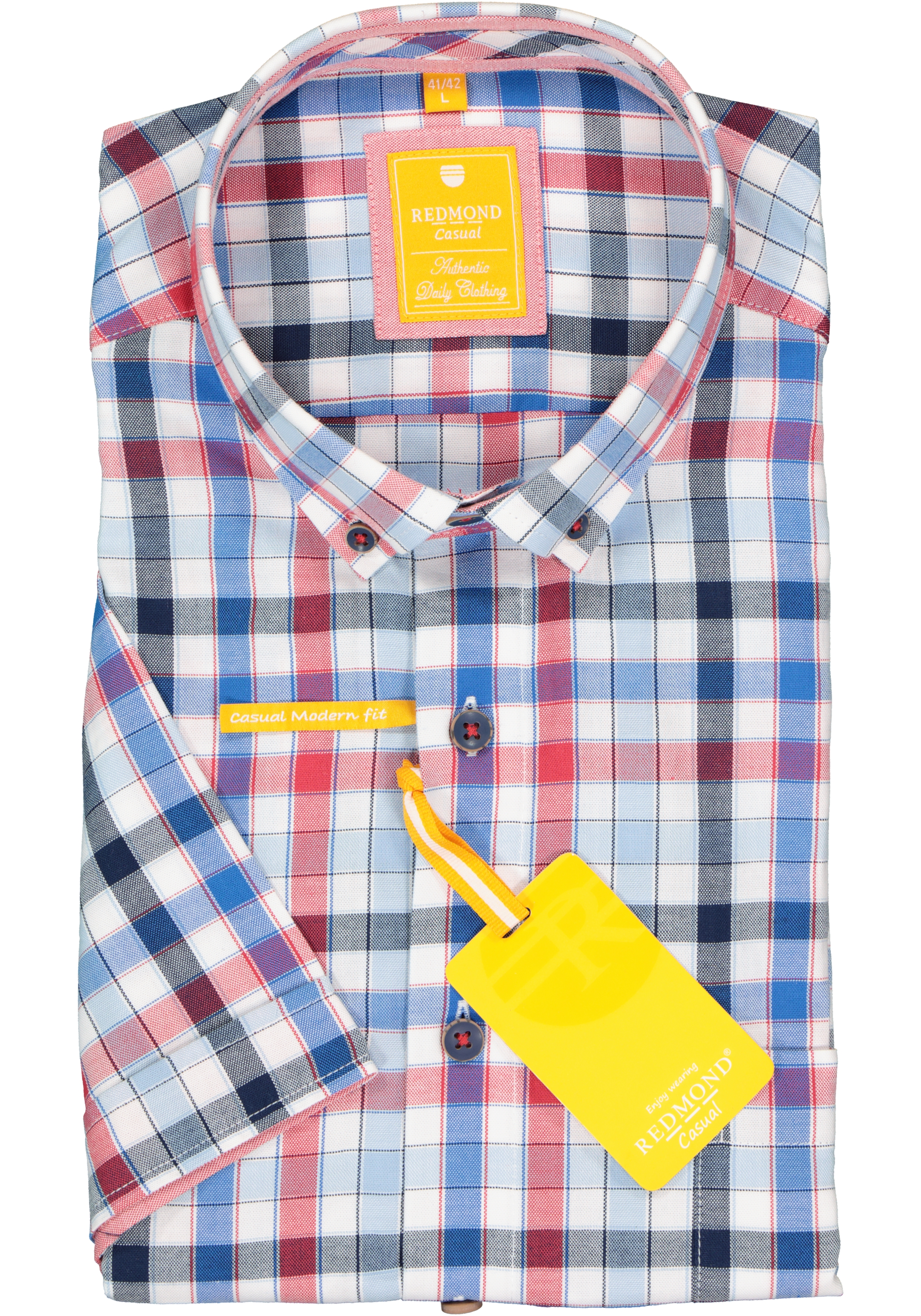 Redmond modern fit overhemd, korte mouw, Oxford, blauw, wit en rood geruit