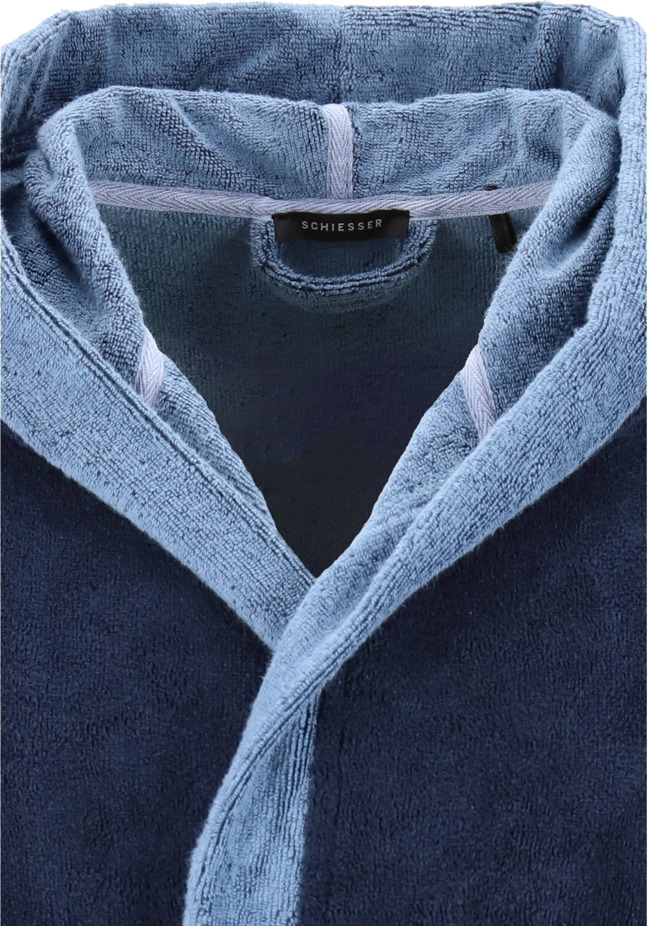 SCHIESSER heren badjas, ultralicht velours met capuchon, blauw met lichtblauw