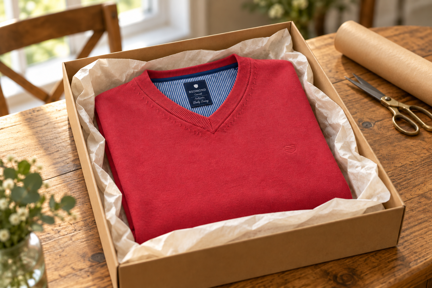 Gevouwen rode Redmond-trui met V-hals in een open kraft cadeaudoos met vloeipapier op een houten tafel.