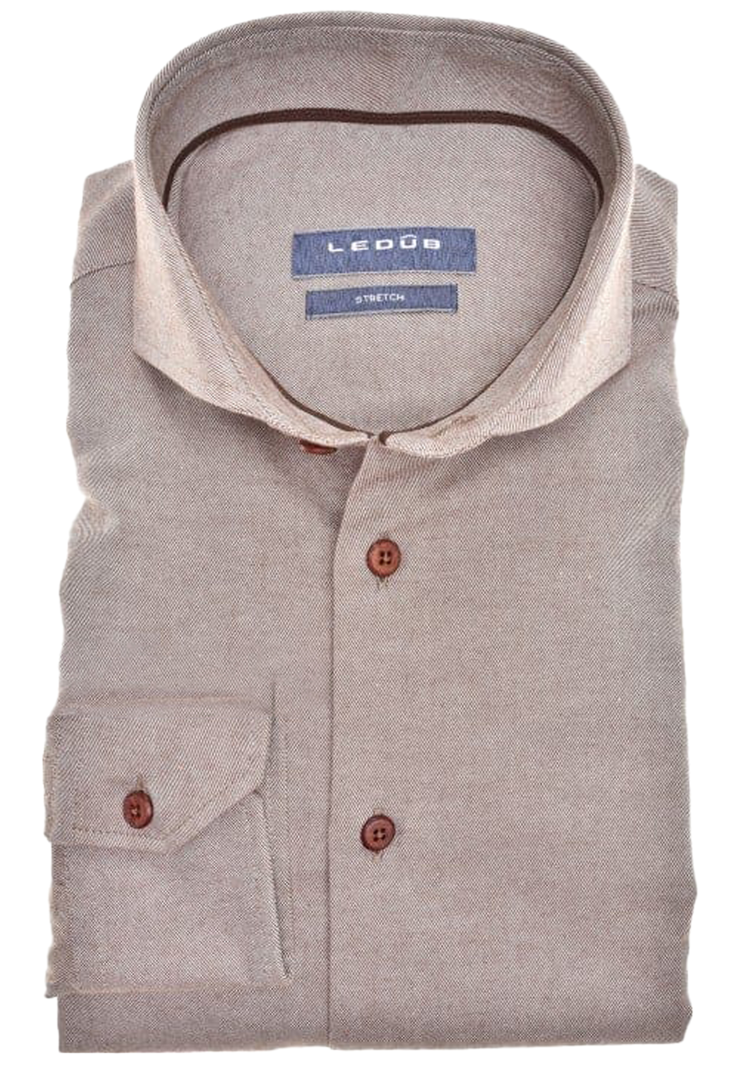 Ledub modern fit overhemd, mouwlengte 7, middenbruin