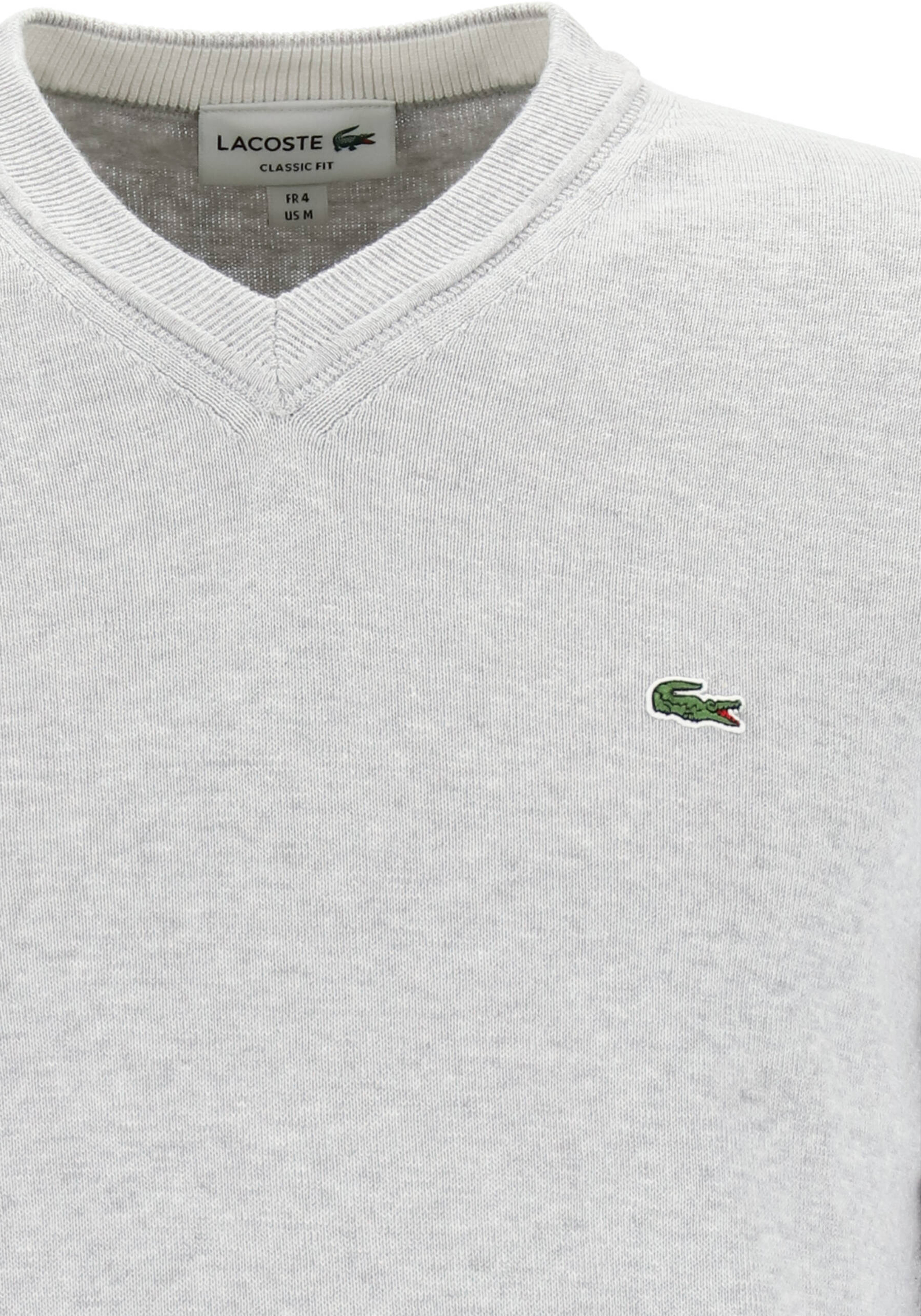 Lacoste trui katoen V-hals, gebreide heren trui, lichtgrijs melange