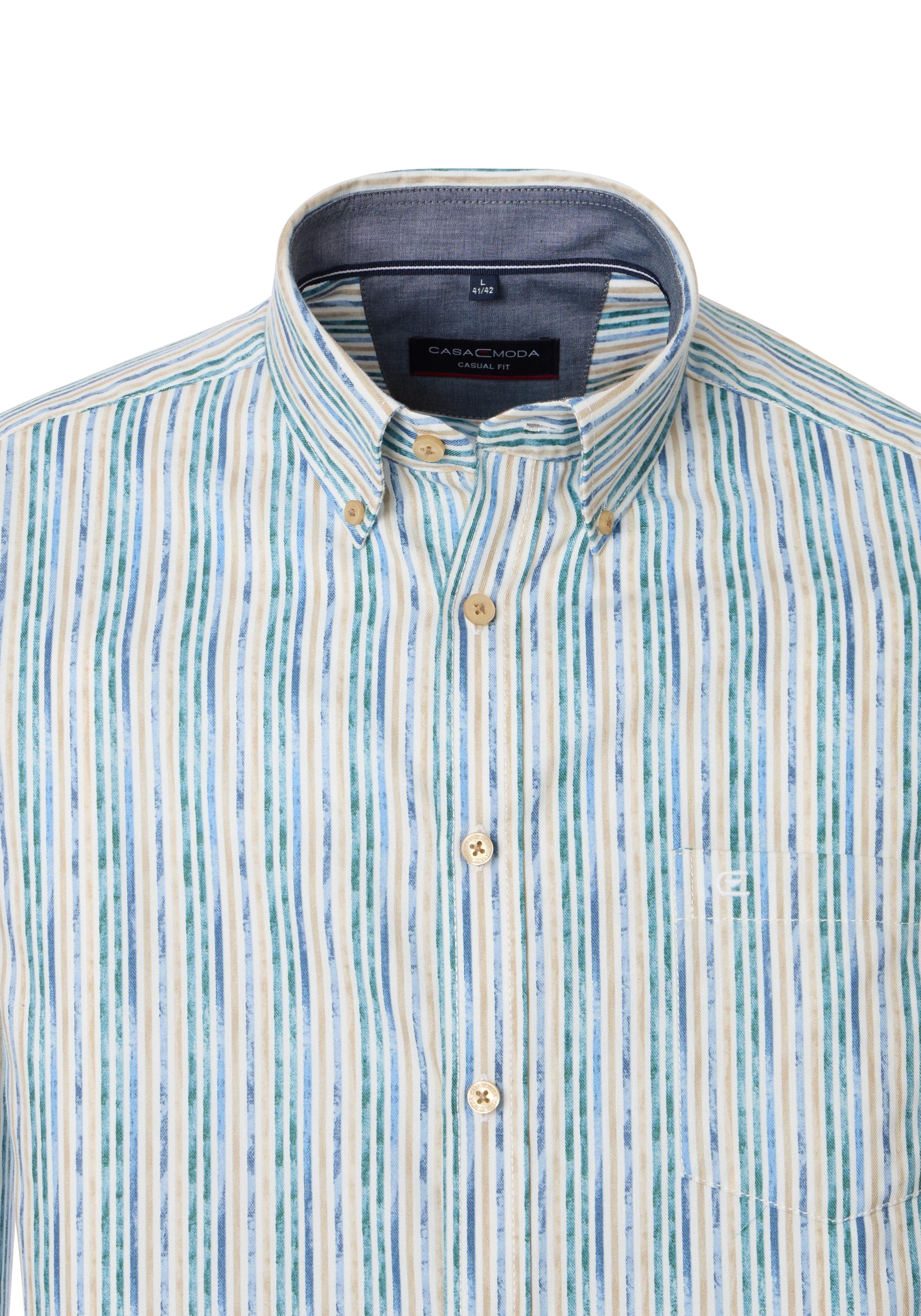 CASA MODA Sport casual fit overhemd, popeline, wit met blauw, geel en groen gestreept