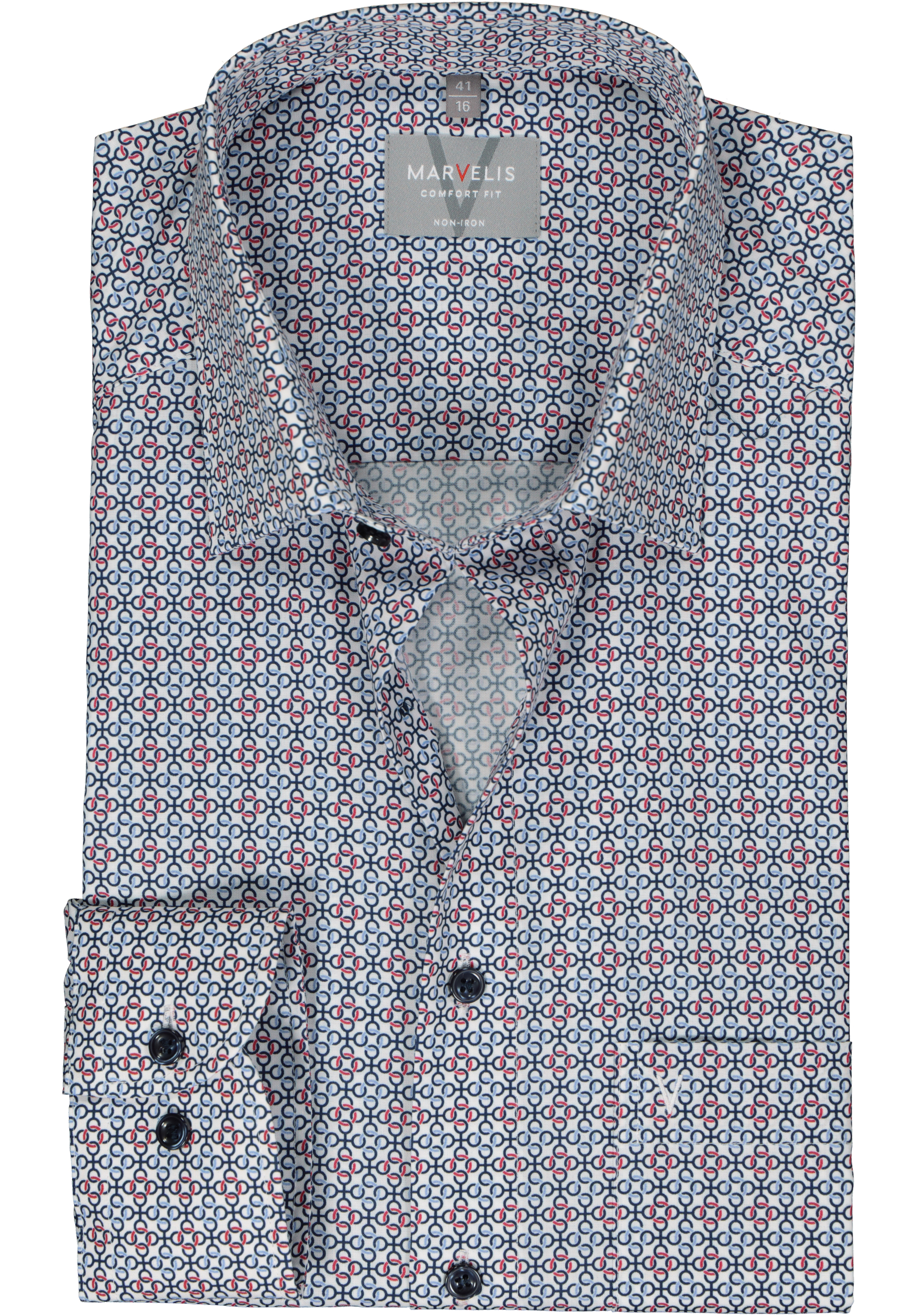 MARVELIS comfort fit overhemd, popeline, wit met rood en blauw dessin