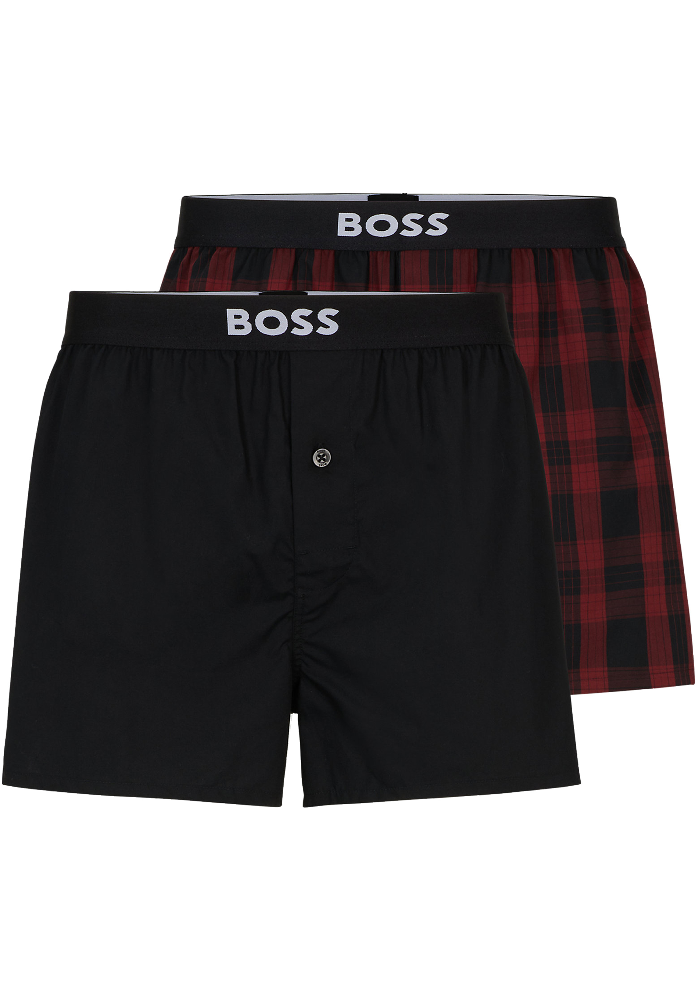 HUGO BOSS boxershorts woven (2-pack), heren boxers wijd model, zwart en donkerrood geruit