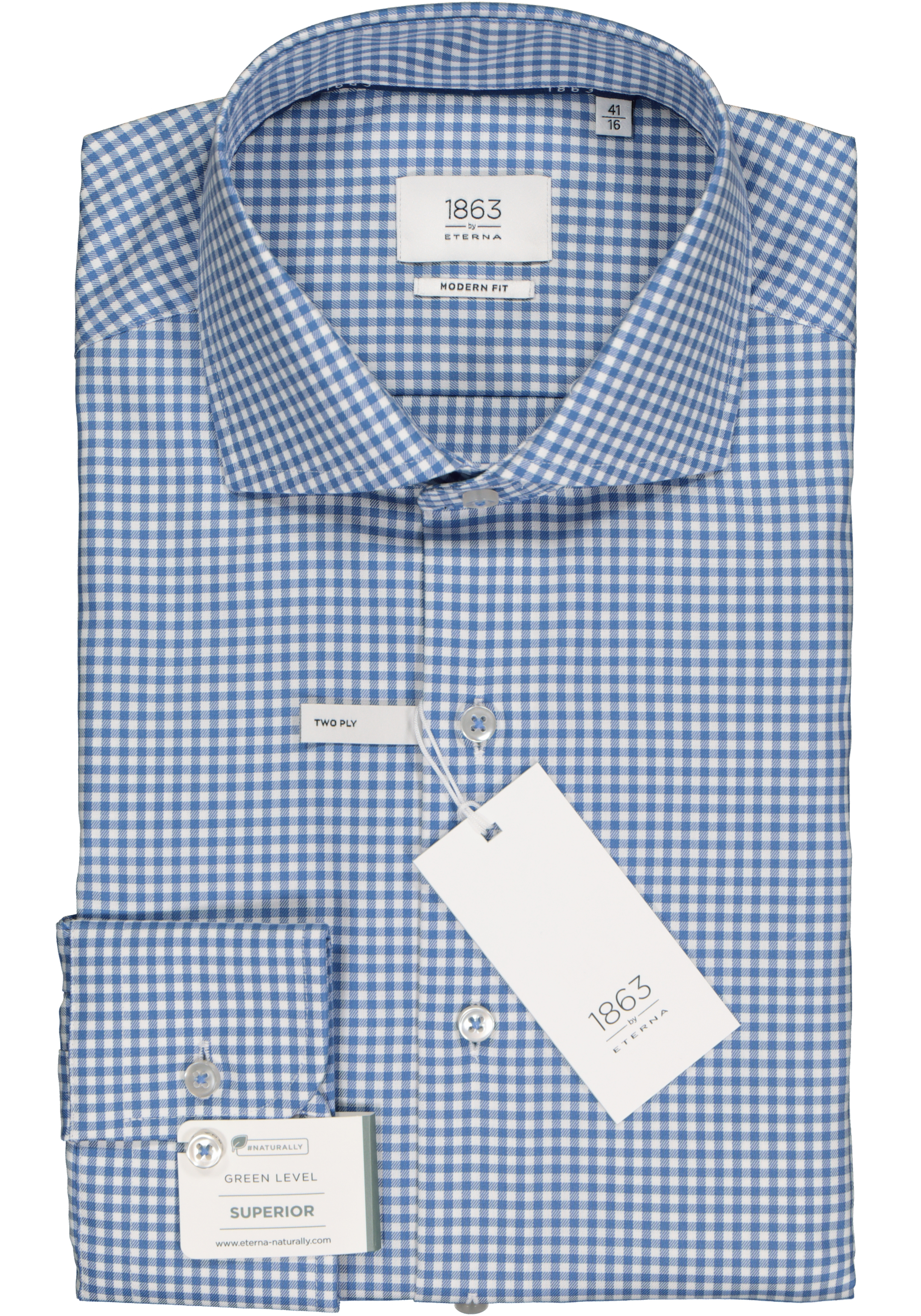 ETERNA 1863 modern fit premium overhemd, 2-ply twill heren overhemd, blauw met wit geruit